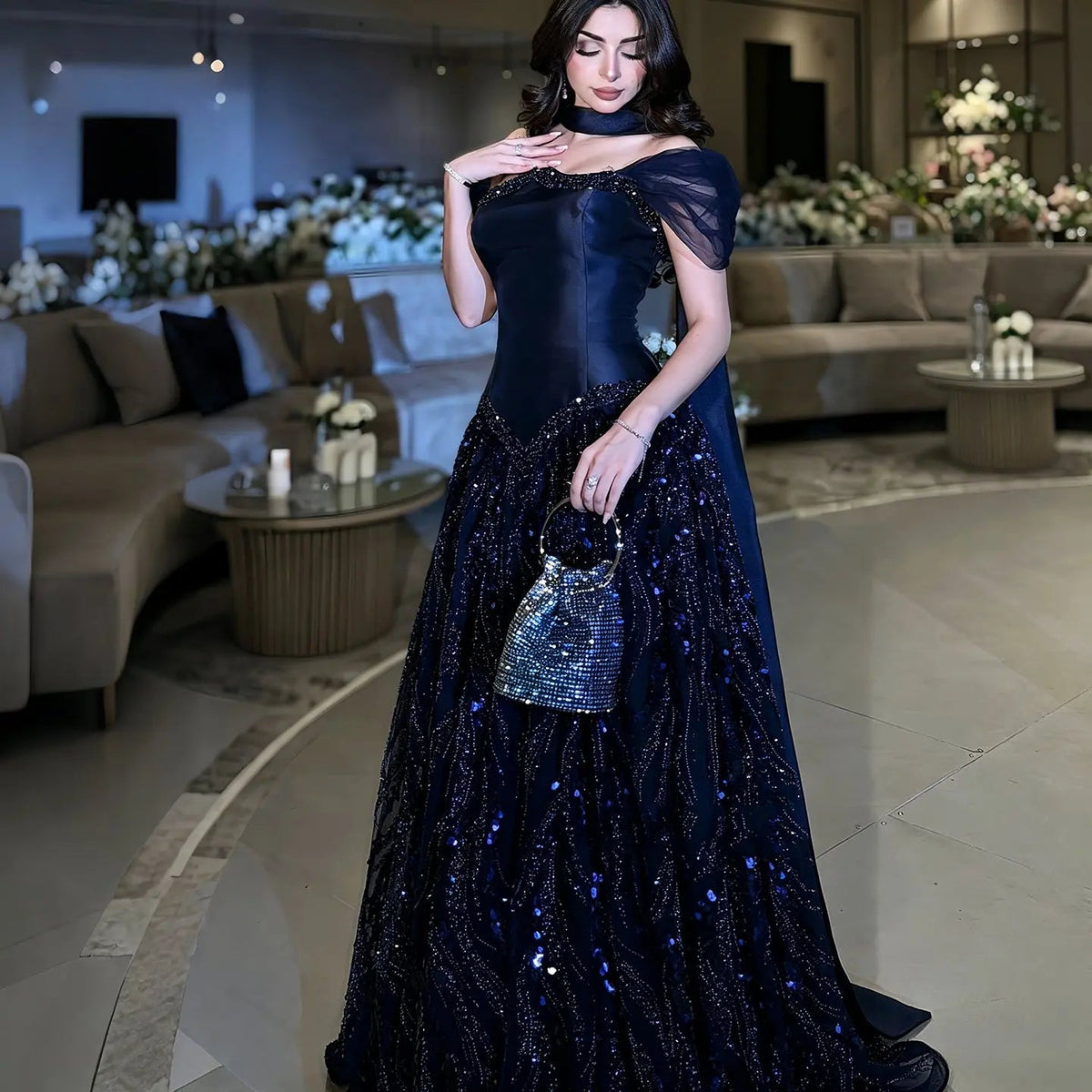 Elegant Beaded Evening Dress with Glitter Cape Sleeves SS652