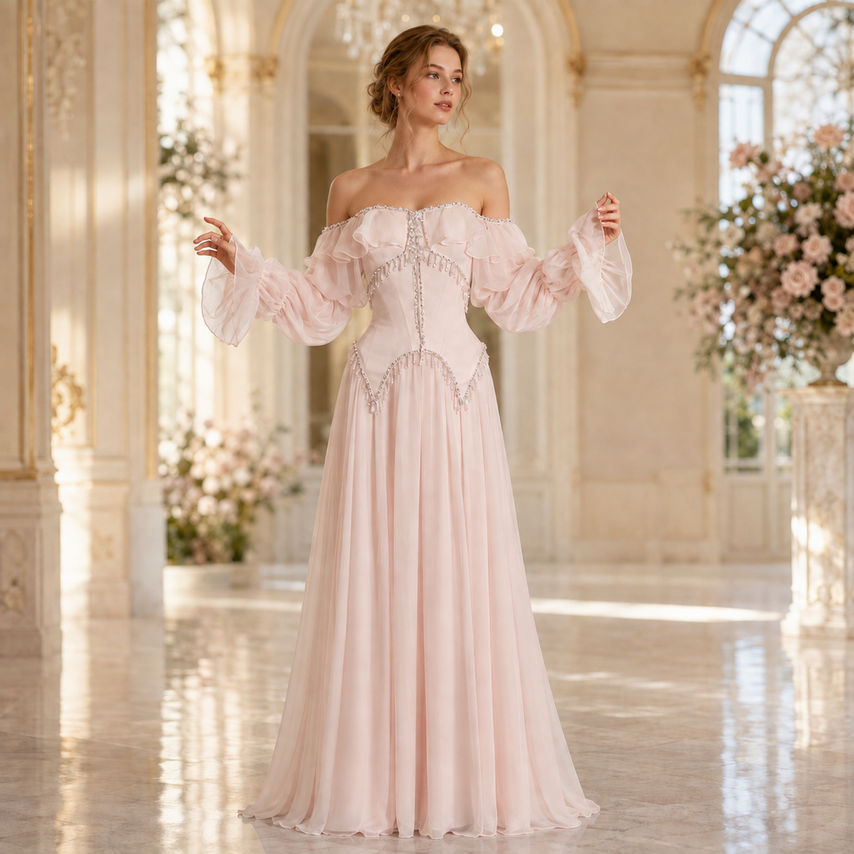 Romantic Pearl Pink Evening Dress with Tiered Ruffle Sleeves and Crystal Trim SS412
