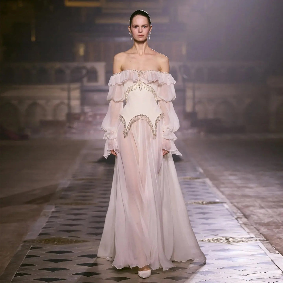 Romantic Pearl Pink Evening Dress with Tiered Ruffle Sleeves and Crystal Trim SS412