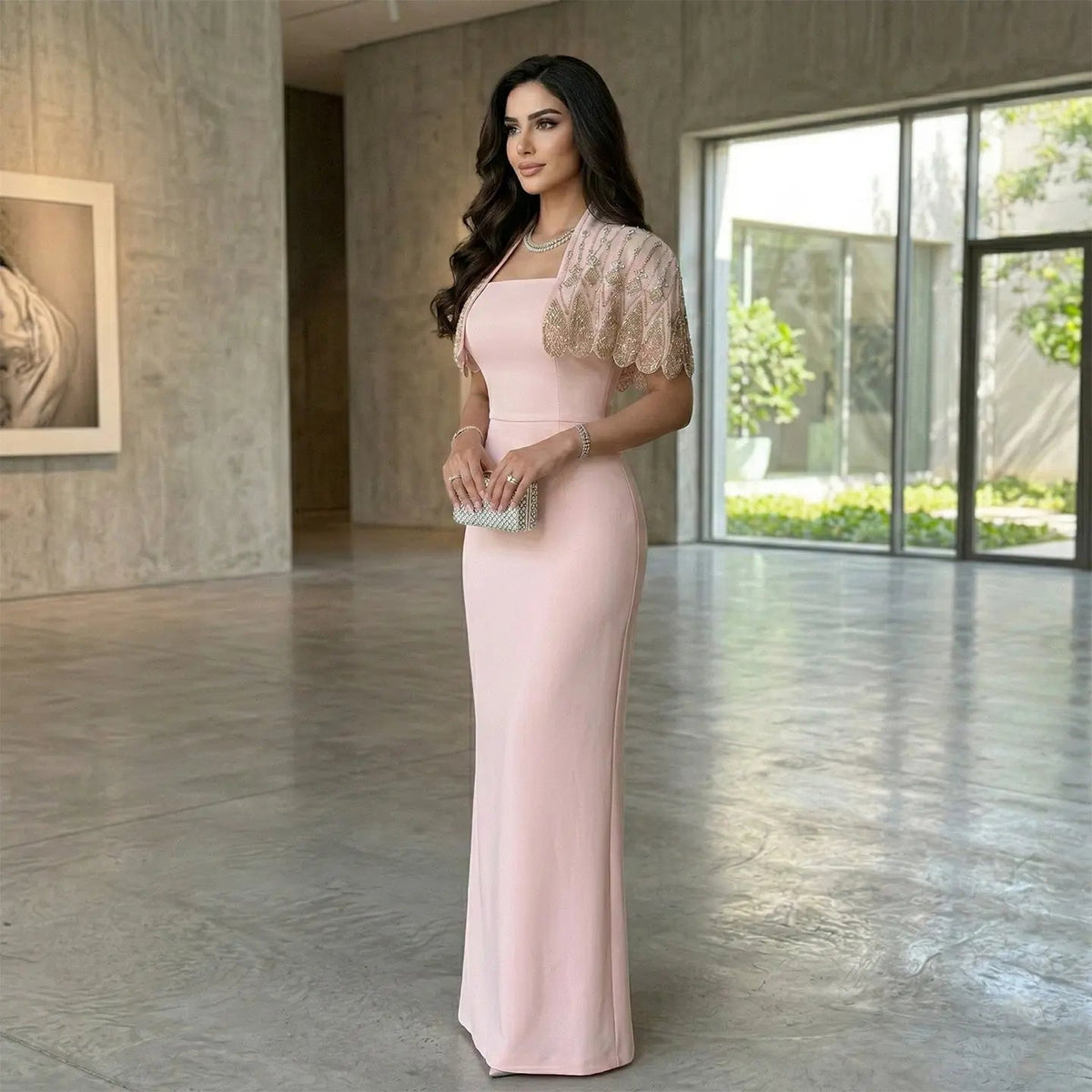 Elegant Pink Evening Dress with Beaded Bolero Jacket SS302 Jill Wish Elegant Pink Evening Dress with Beaded Bolero Jacket SS302 Jill Wish