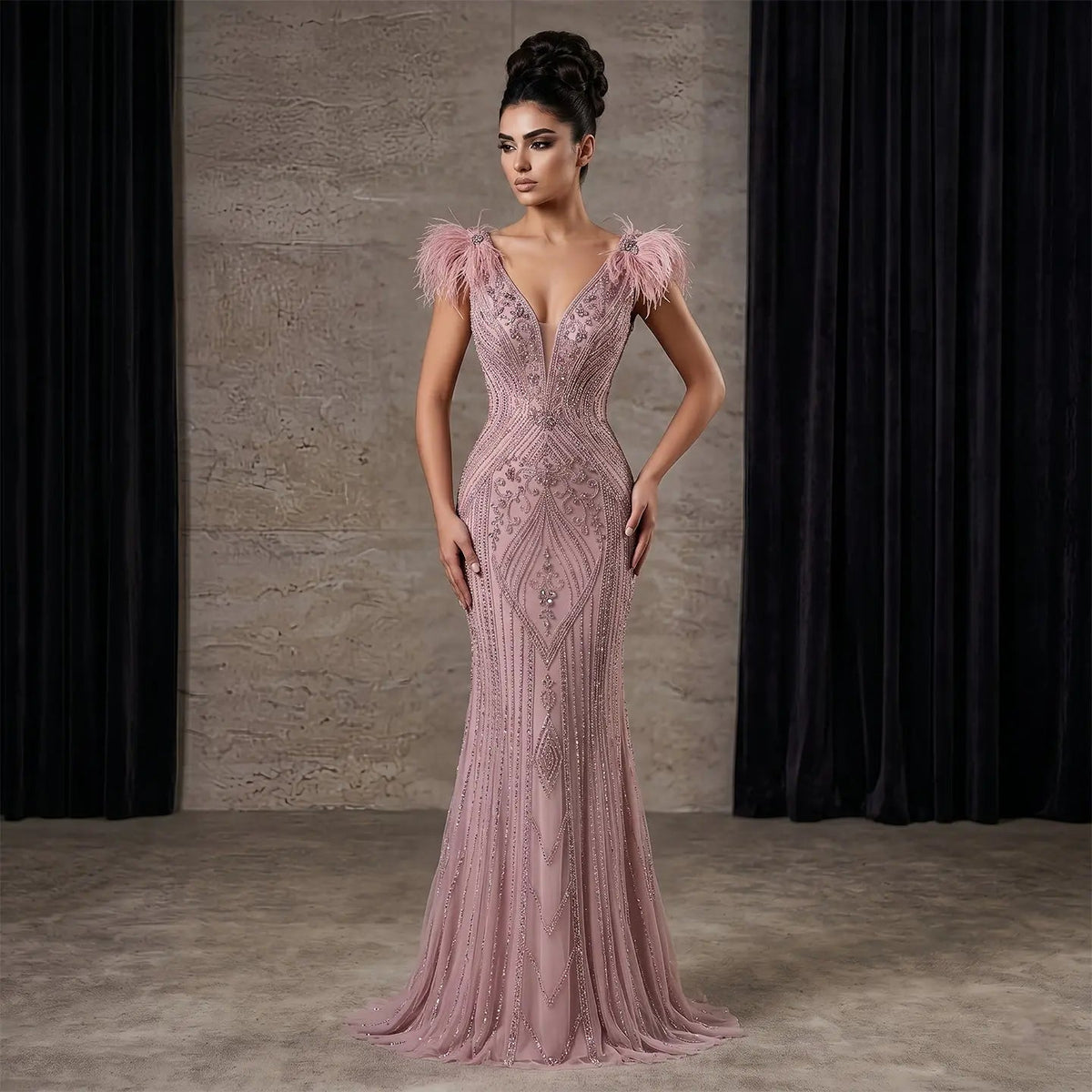 Luxury Pink Mermaid Evening Dress with Sparkly Sequins and Feathers SS122
