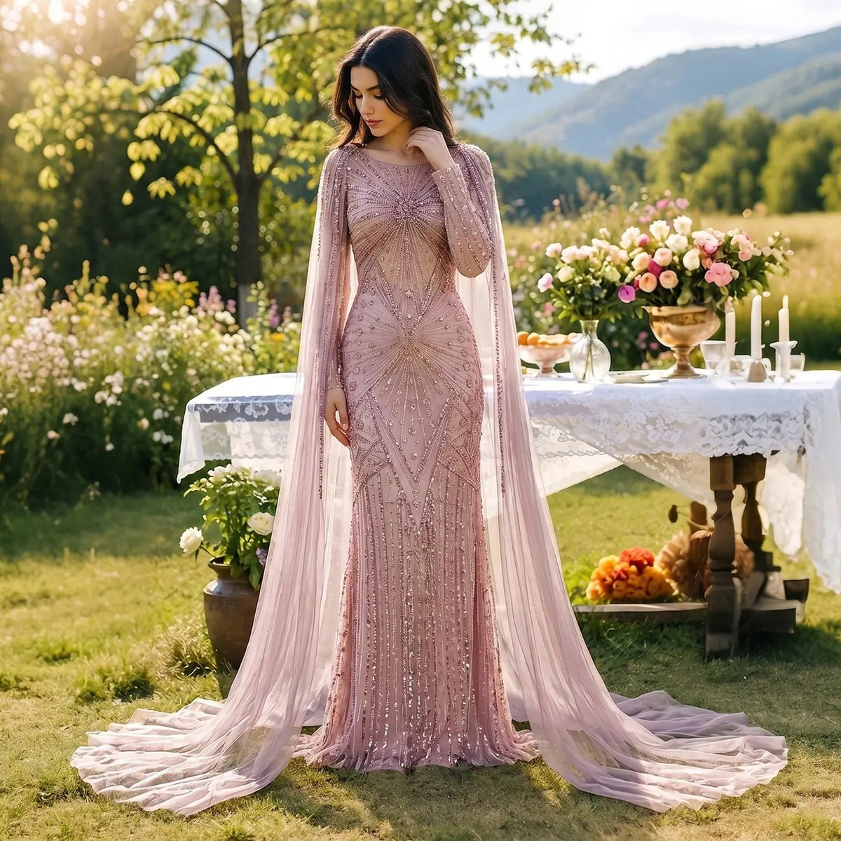 Elegant Modest Evening Dress with Full Coverage Cape and Intricate Beadwork SS051