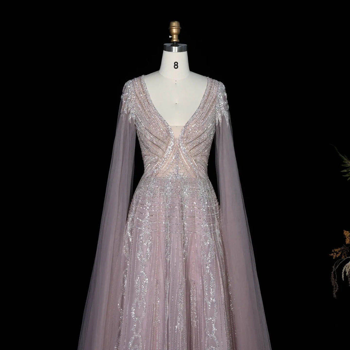 Romantic Tulle Evening Dress with Sparkling Draped Sleeves and Vertical Fringe Details SS073
