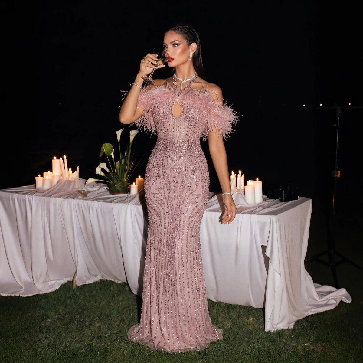 Stunning Feather Detail Evening Dress with Halter Neck and Keyhole Cutout SS124