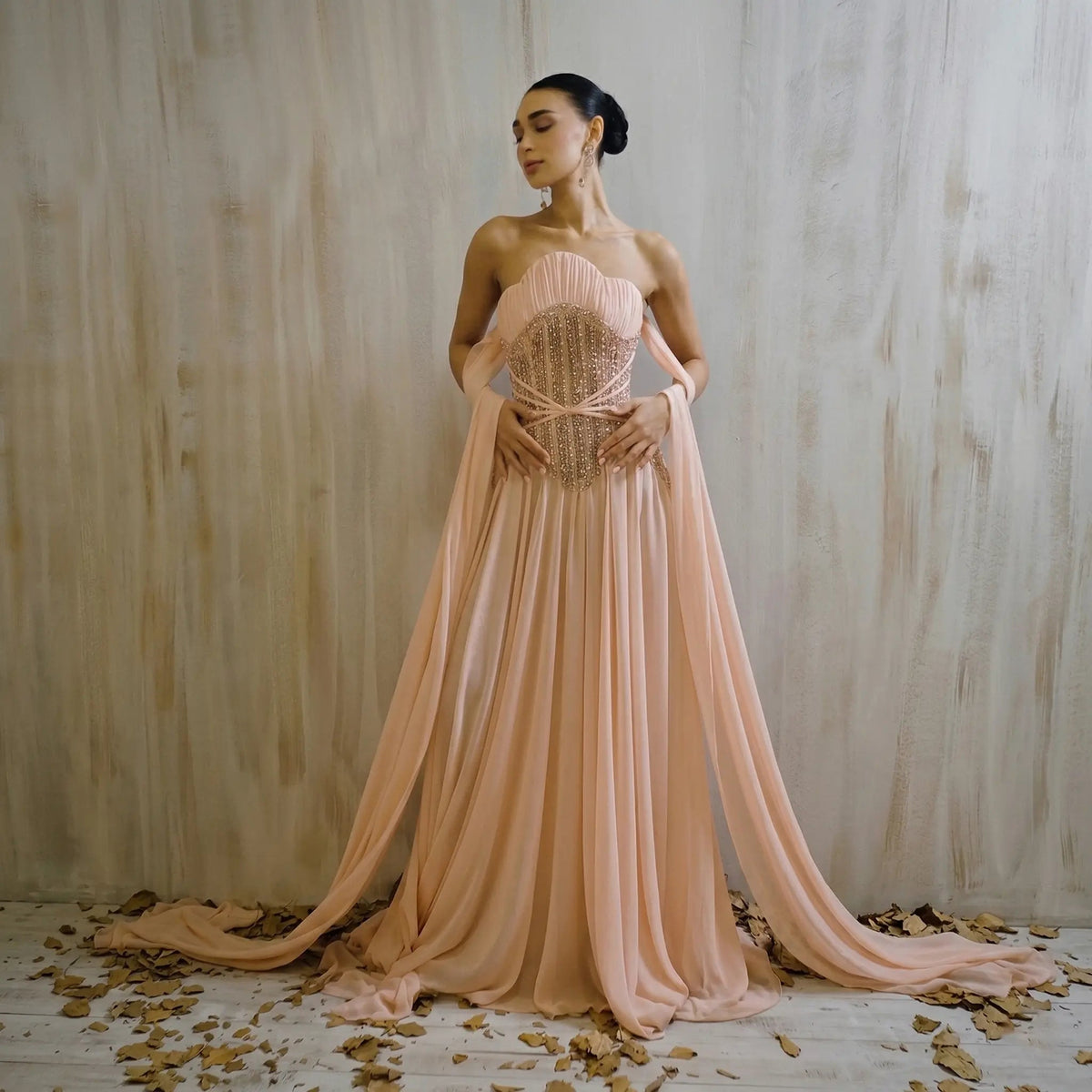 Chic Blush Pink Strapless Evening Dress with Beaded Corset and Flowing Cape SS532