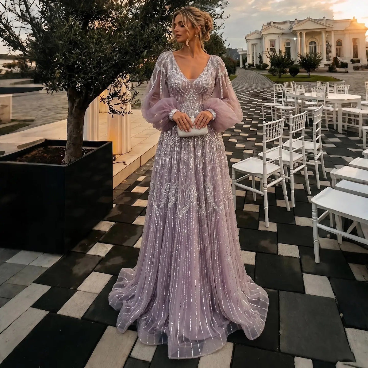 Romantic V-Neck Evening Dress with Sheer Puff Sleeves and Glitter Embellishment SS057