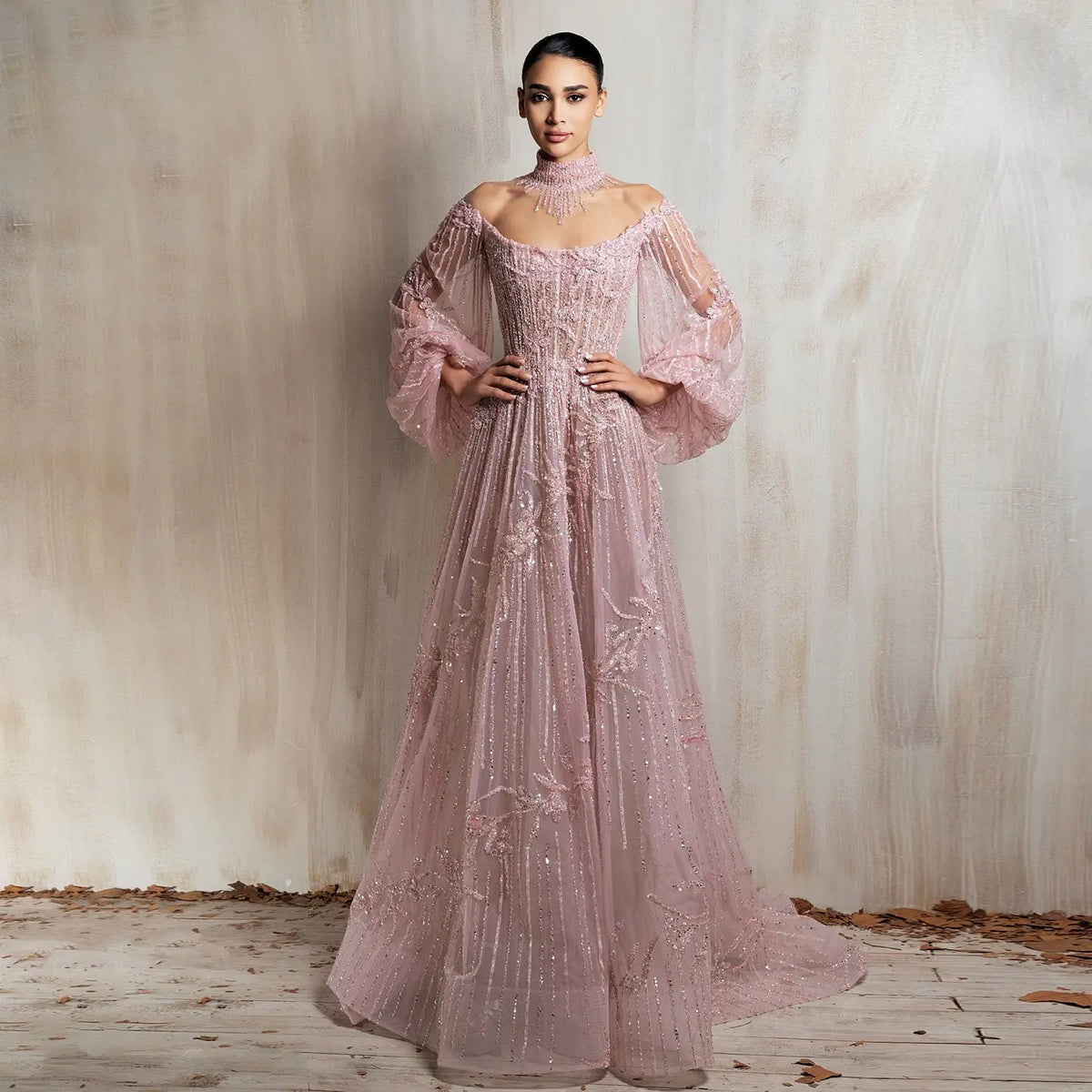 Elegant Pink A-Line Evening Dress with Vertical Beaded Stripes and Leaf Embroidery SS411