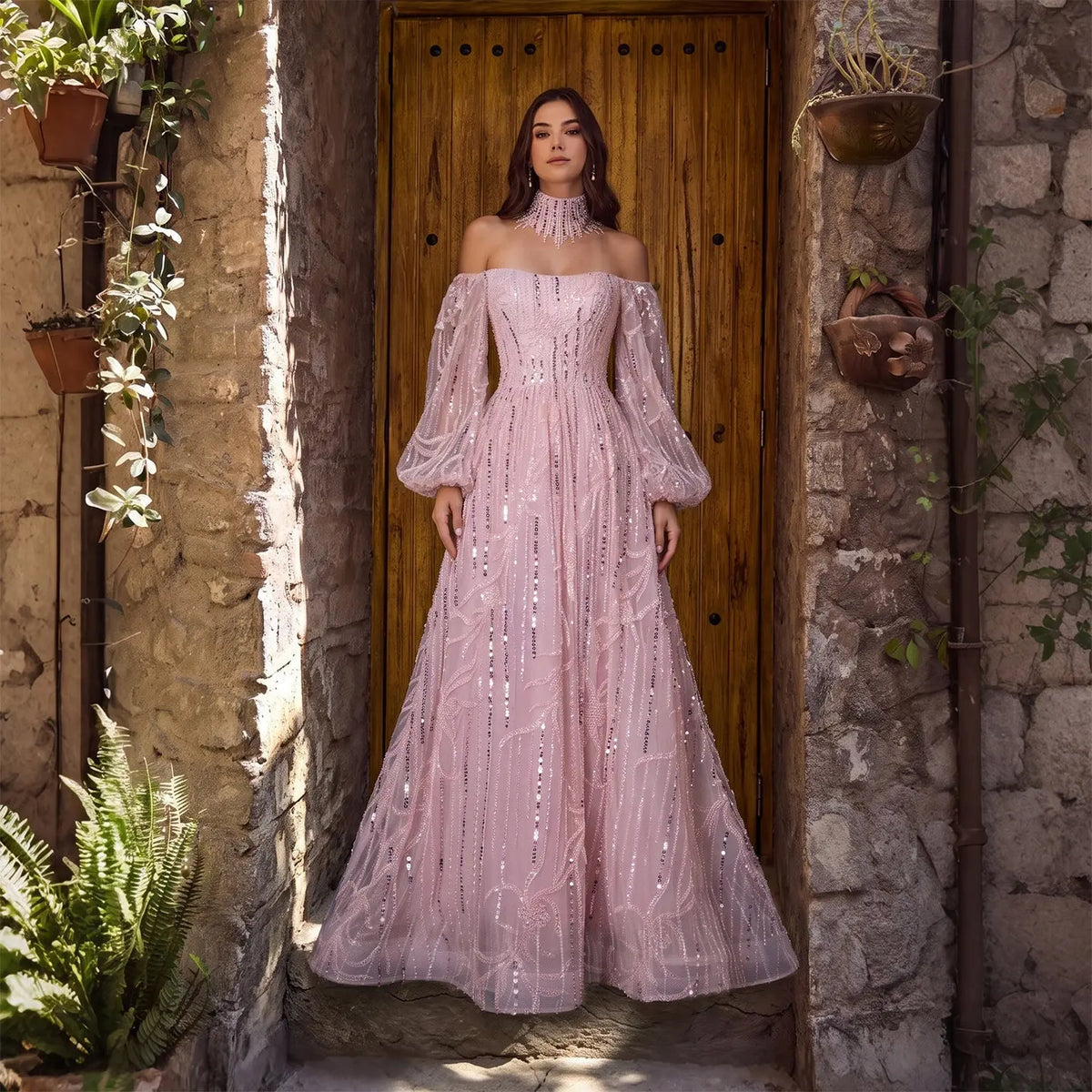Elegant Pink A-Line Evening Dress with Vertical Beaded Stripes and Lea – Jill Wish