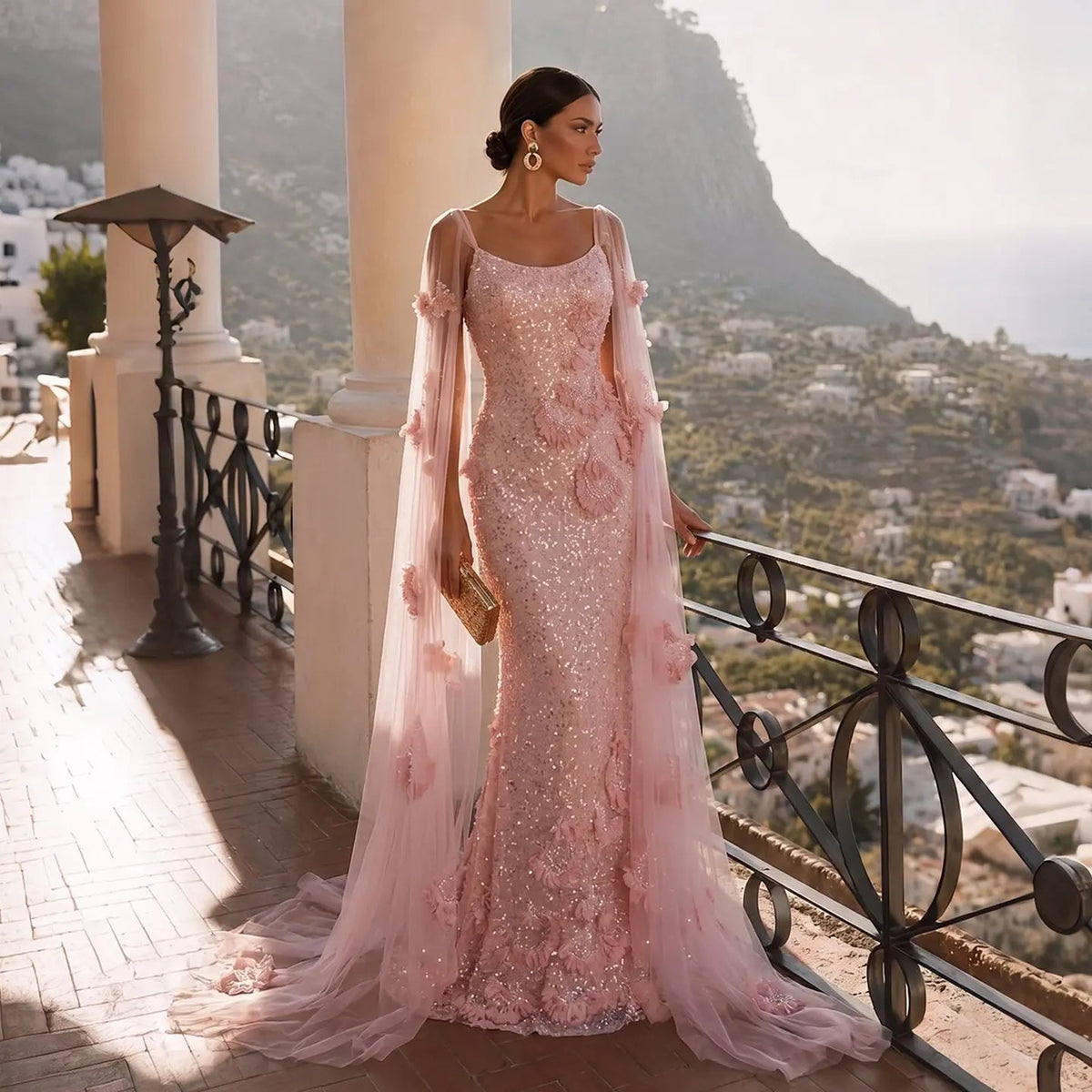 Romantic Pink Evening Dress with 3D Floral Appliqué and Sheer Cape Sleeves SS472
