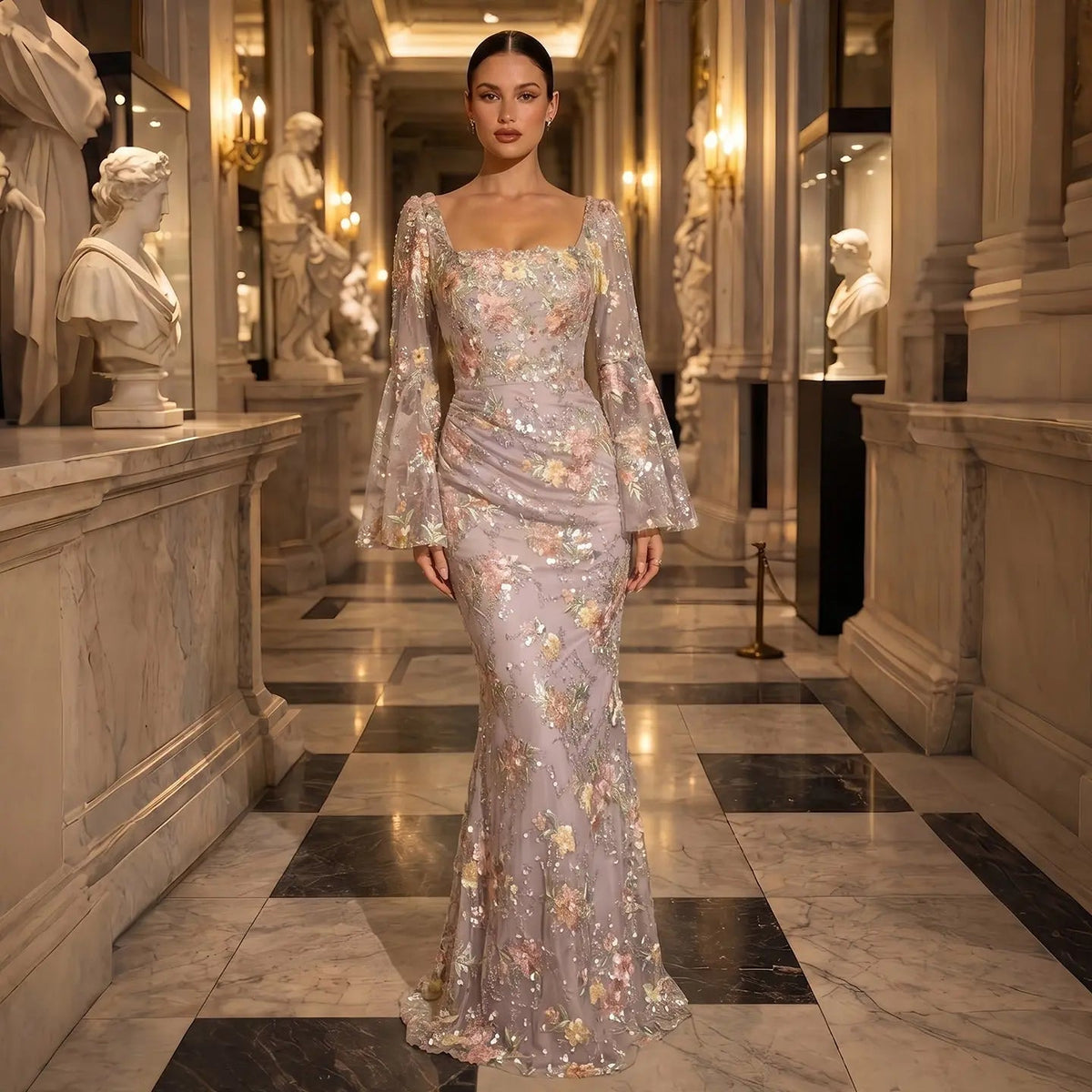 Romantic Rose Pink Square Neck Evening Dress with Floral Sequin and Bell Sleeves SS465