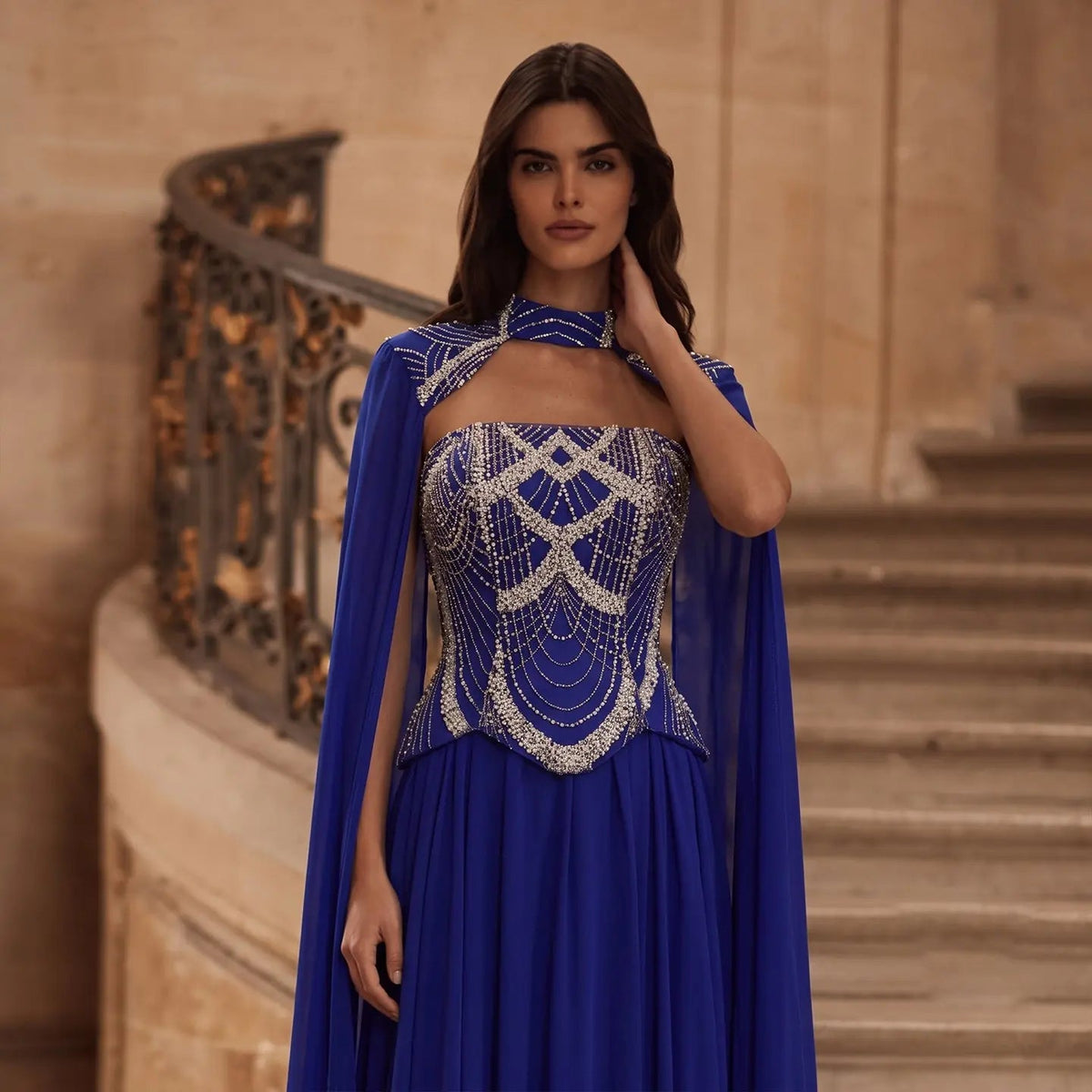 Luxury Royal Blue High Neck Evening Dress with Beaded Geometric Corset – Jill Wish