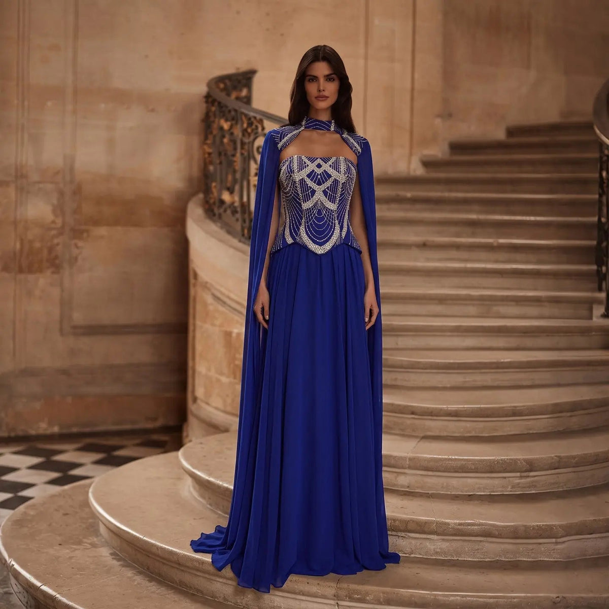 Luxury Royal Blue High Neck Evening Dress with Beaded Geometric Corset SS757
