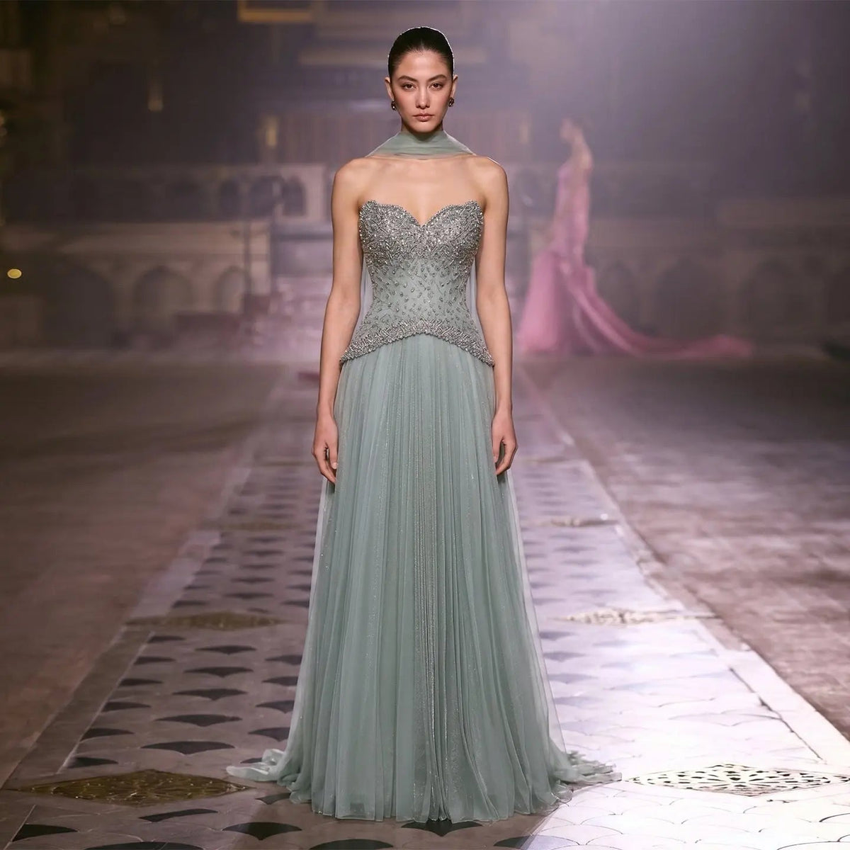 Luxury Sage Green Crystal Corset Evening Dress with Tulle Skirt SS299
