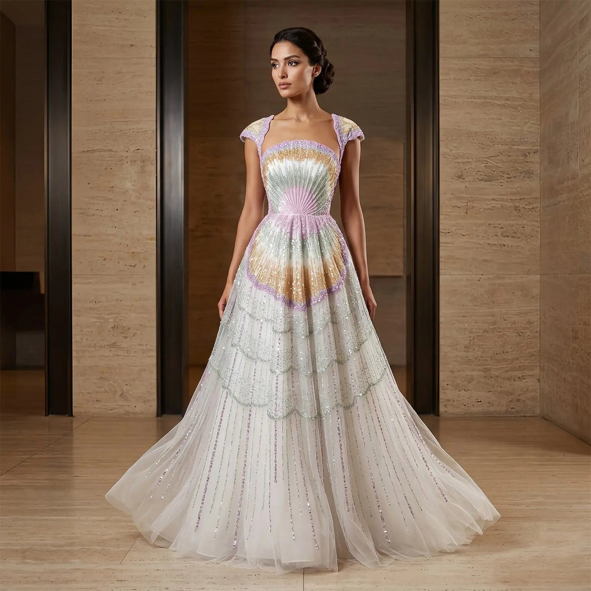 Luxury Pastel Tiered Sequin Evening Dress with Embellished Cap Sleeves – Jill Wish Luxury Pastel Tiered Sequin Evening Dress with Embellished Cap Sleeves – Jill Wish