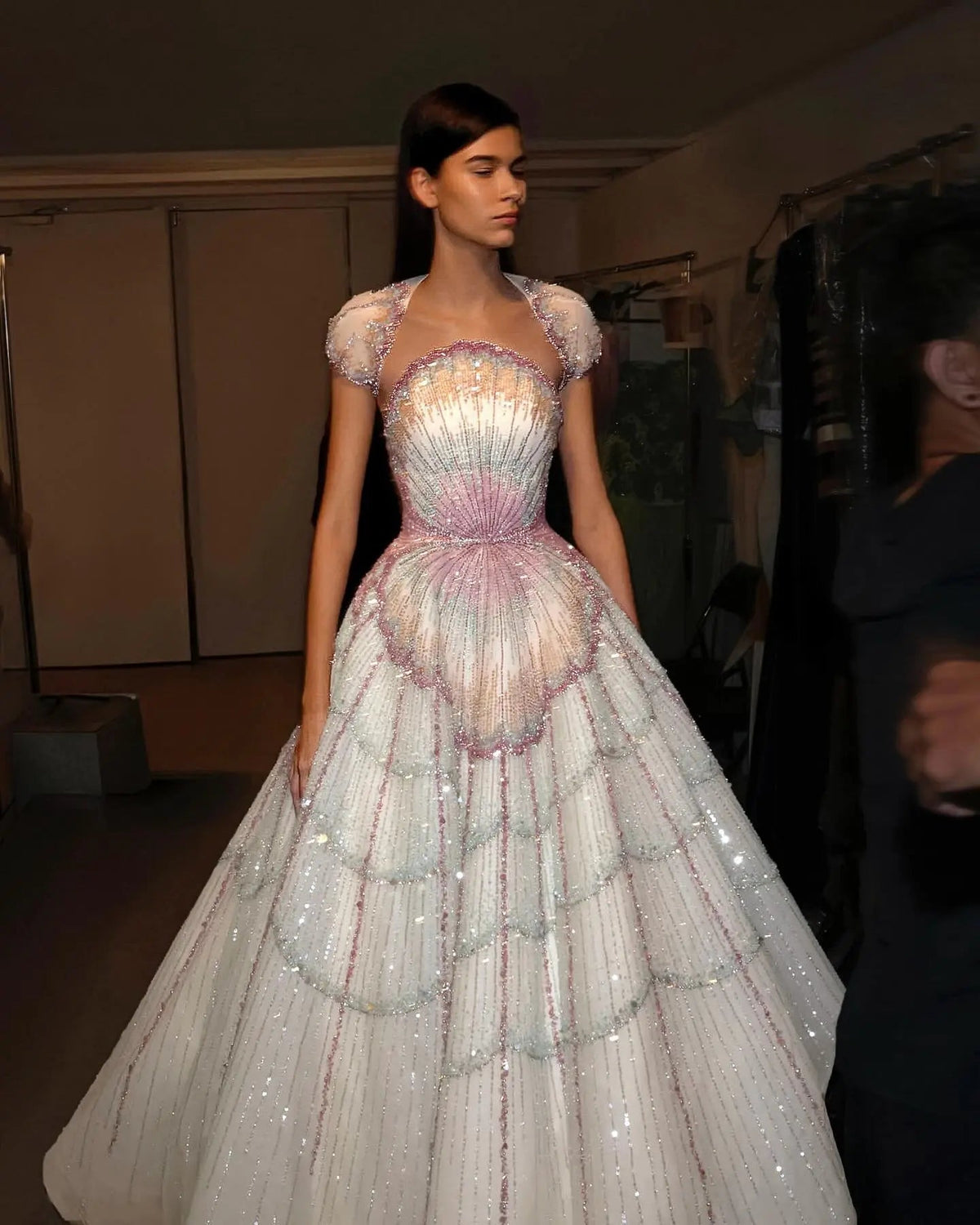 Luxury Pastel Tiered Sequin Evening Dress with Embellished Cap Sleeves Jill Wish Luxury Pastel Tiered Sequin Evening Dress with Embellished Cap Sleeves Jill Wish