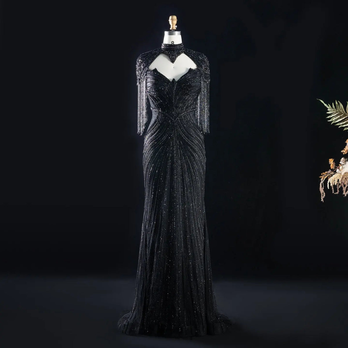 DreamyVow black crystal beaded fringe cape mermaid evening dress, full-length front view, SS067
