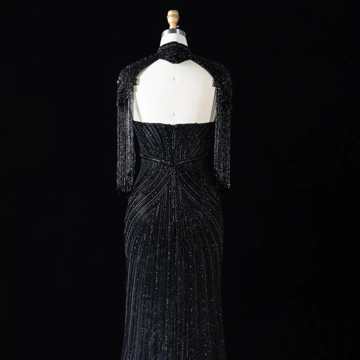 DreamyVow black crystal beaded fringe cape mermaid evening dress, crystal beadwork and fringe detail, SS067