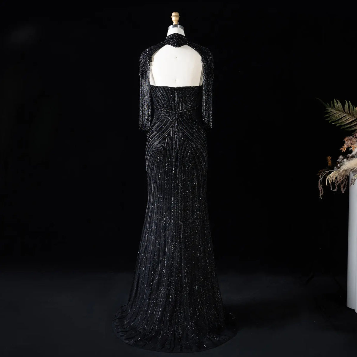 DreamyVow black crystal beaded fringe cape mermaid evening dress, crystal beadwork and fringe detail, SS067
