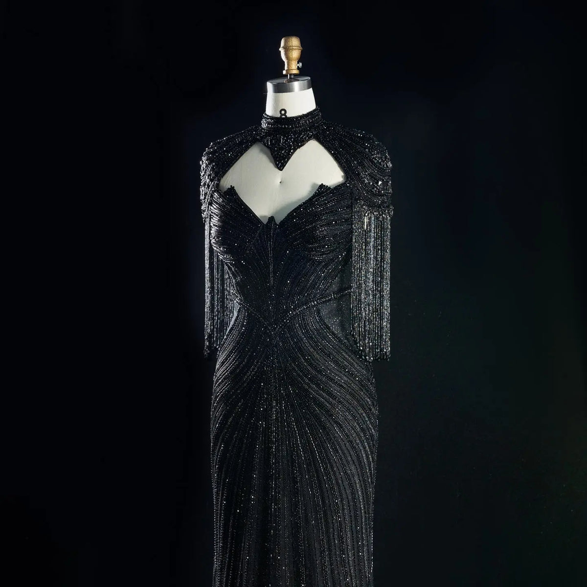 DreamyVow black crystal beaded fringe cape mermaid evening dress, crystal beadwork and fringe detail, SS067