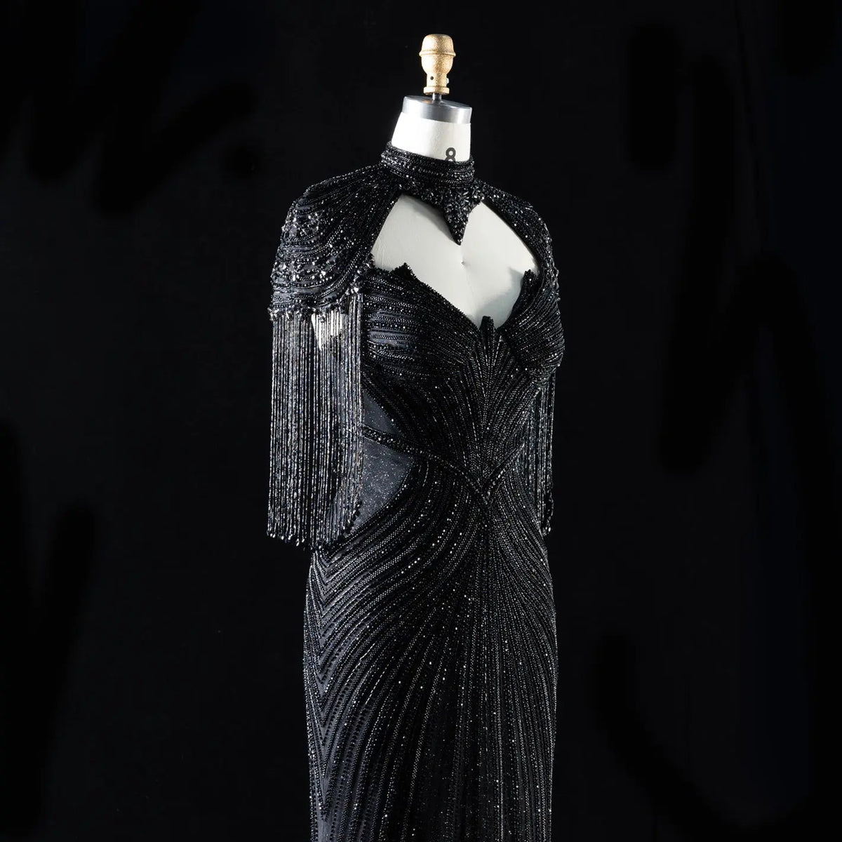 DreamyVow black crystal beaded fringe cape mermaid evening dress, crystal beadwork and fringe detail, SS067