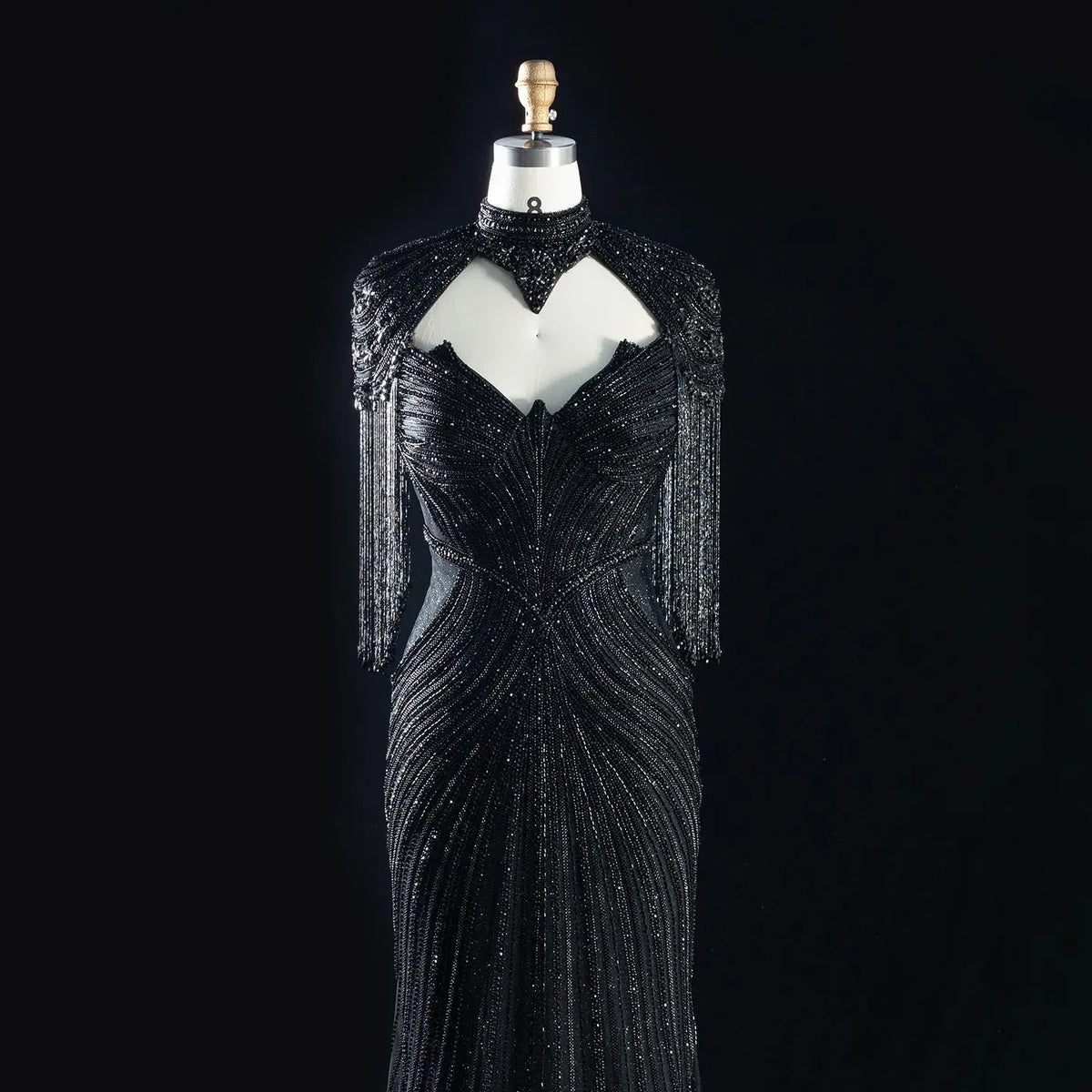 DreamyVow black crystal beaded fringe cape mermaid evening dress, crystal beadwork and fringe detail, SS067