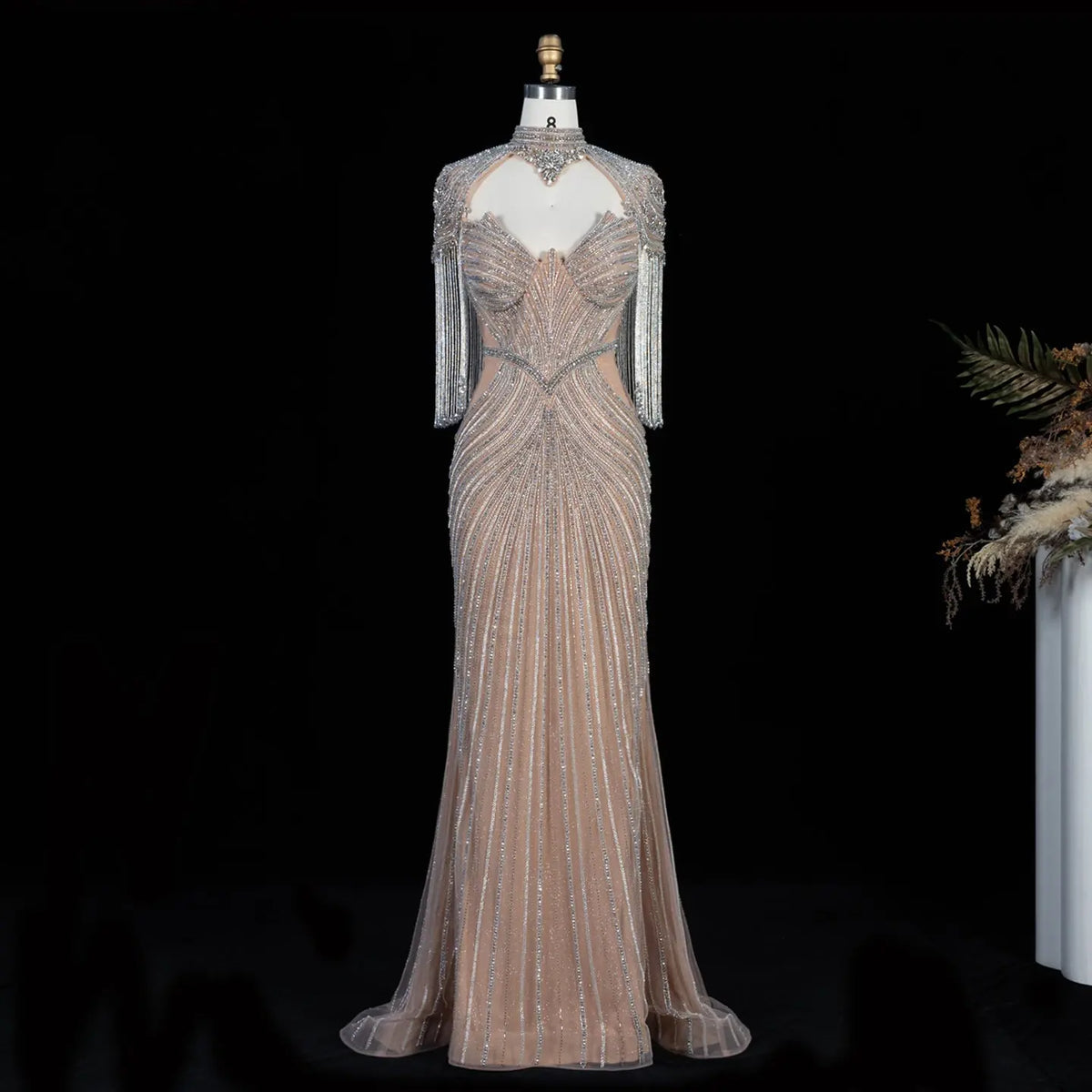 DreamyVow champagne crystal beaded fringe cape mermaid evening dress, full-length front view, SS067