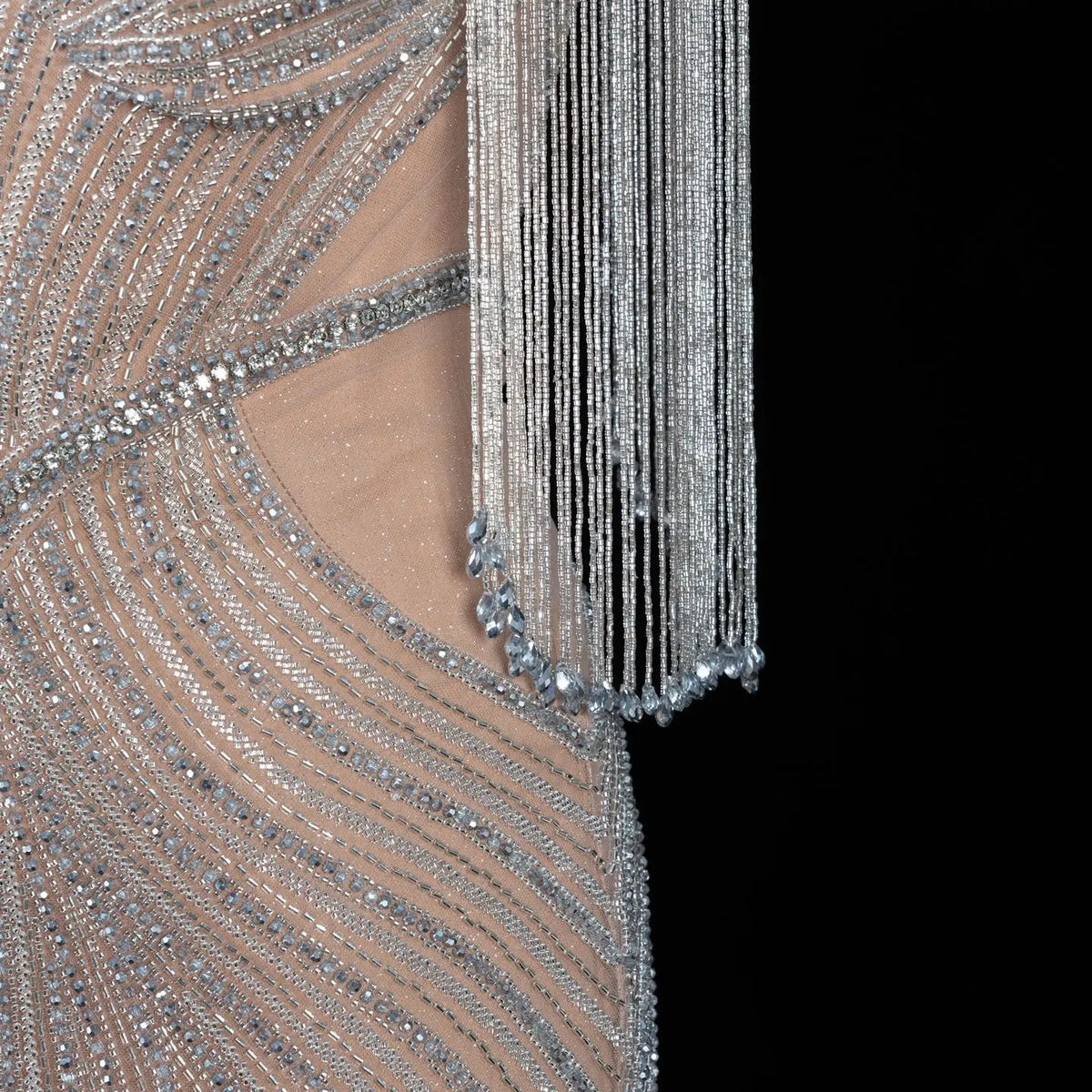 DreamyVow champagne crystal beaded fringe cape mermaid evening dress, full-length product view, SS067
