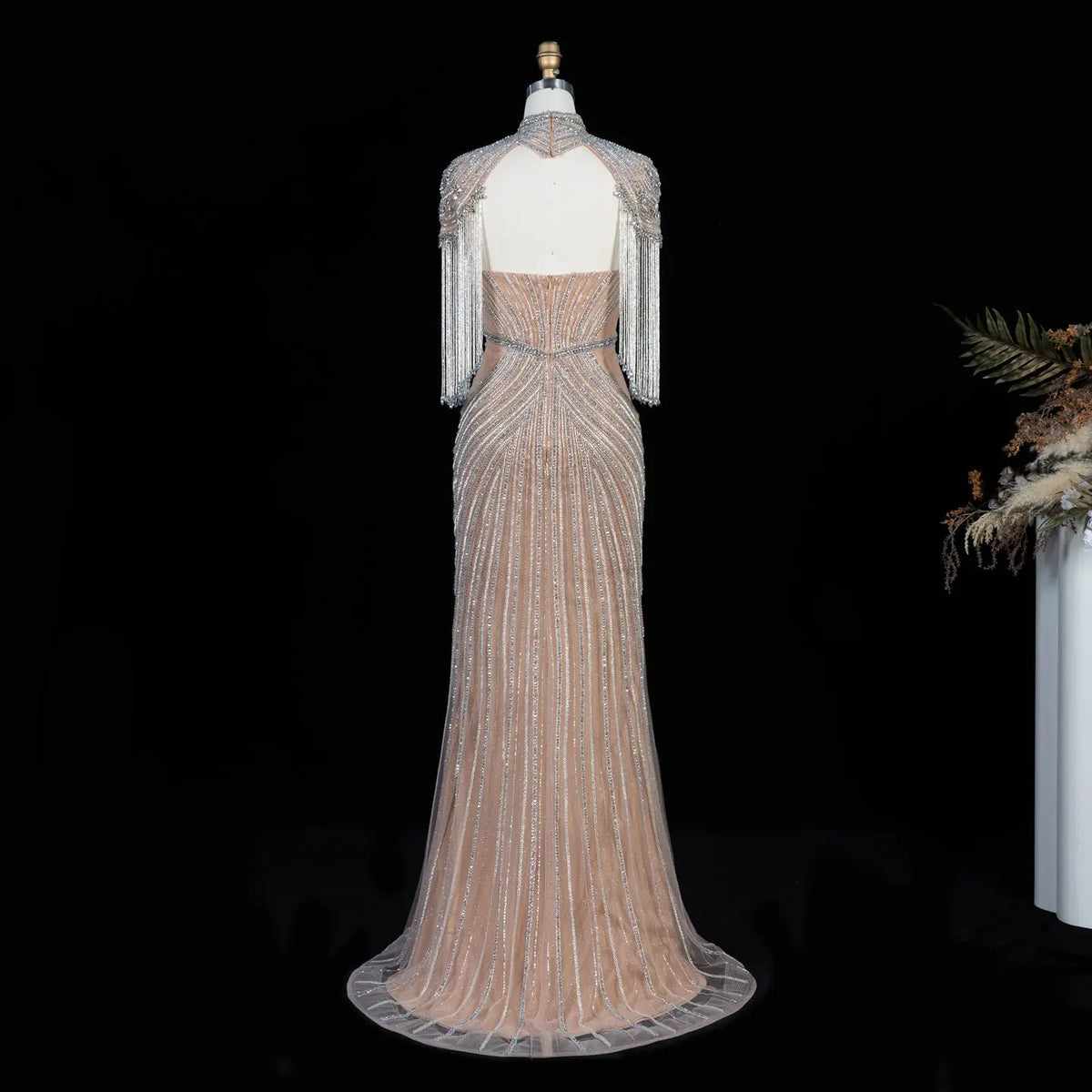DreamyVow champagne crystal beaded fringe cape mermaid evening dress, crystal beadwork and fringe detail, SS067