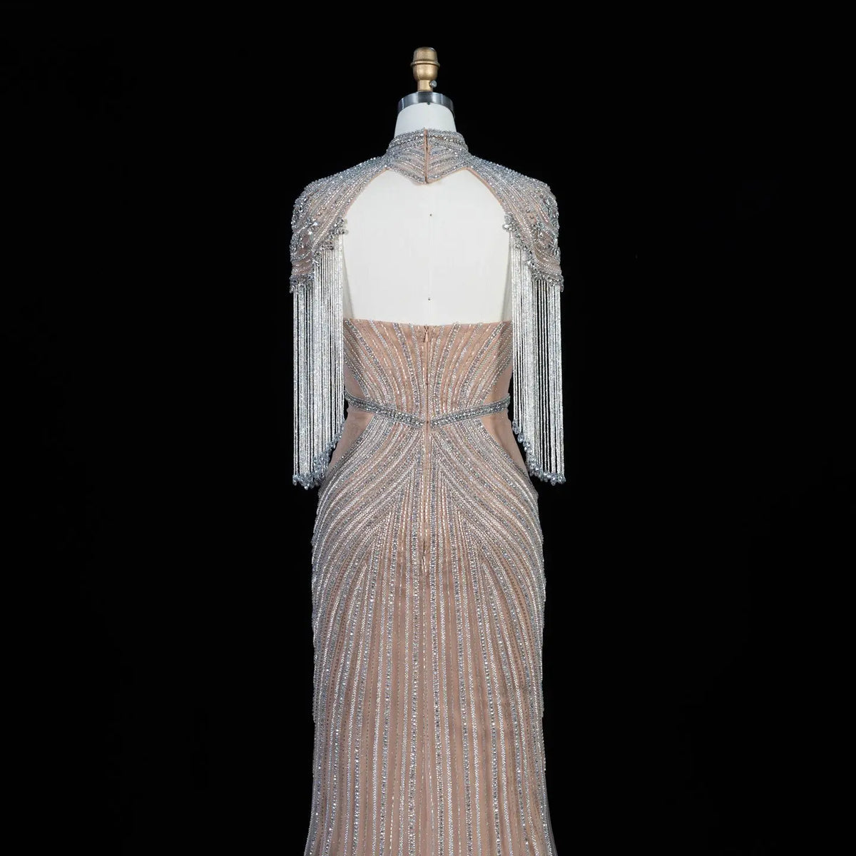 DreamyVow champagne crystal beaded fringe cape mermaid evening dress, crystal beadwork and fringe detail, SS067