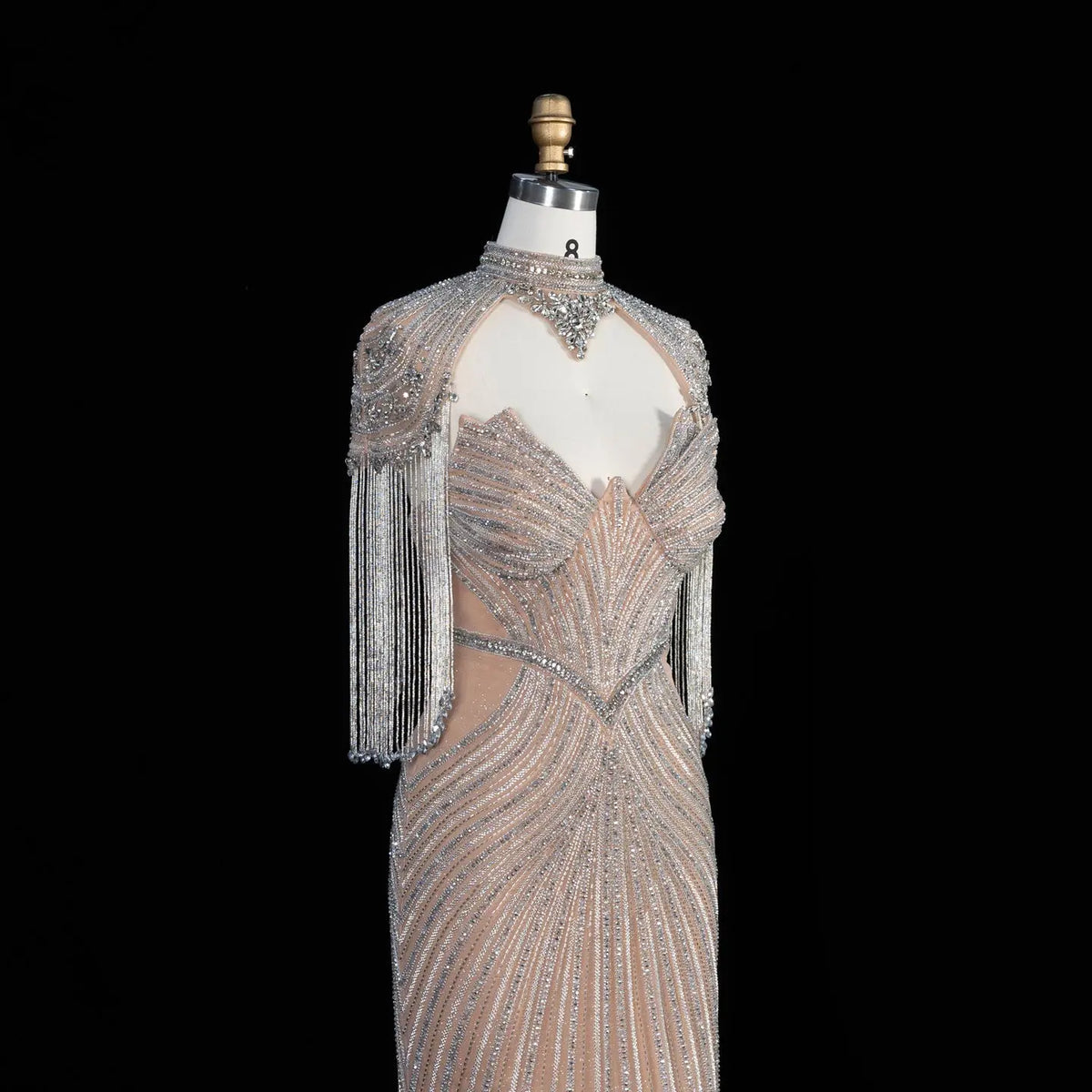 DreamyVow champagne crystal beaded fringe cape mermaid evening dress, crystal beadwork and fringe detail, SS067