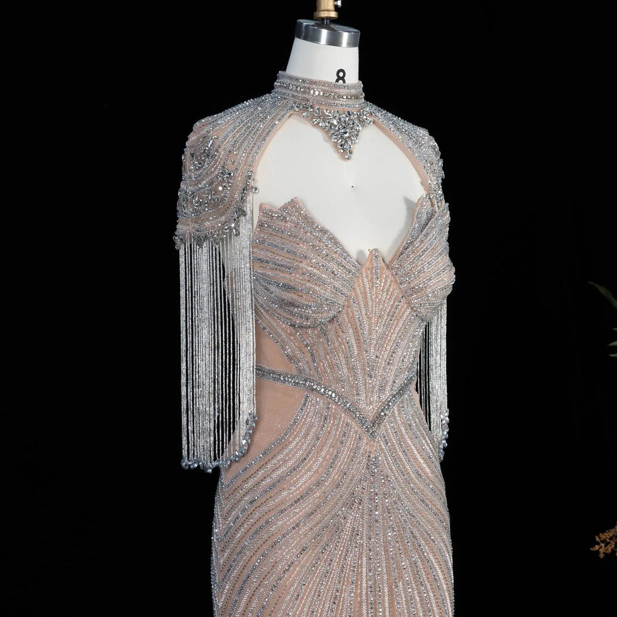 DreamyVow champagne crystal beaded fringe cape mermaid evening dress, crystal beadwork and fringe detail, SS067