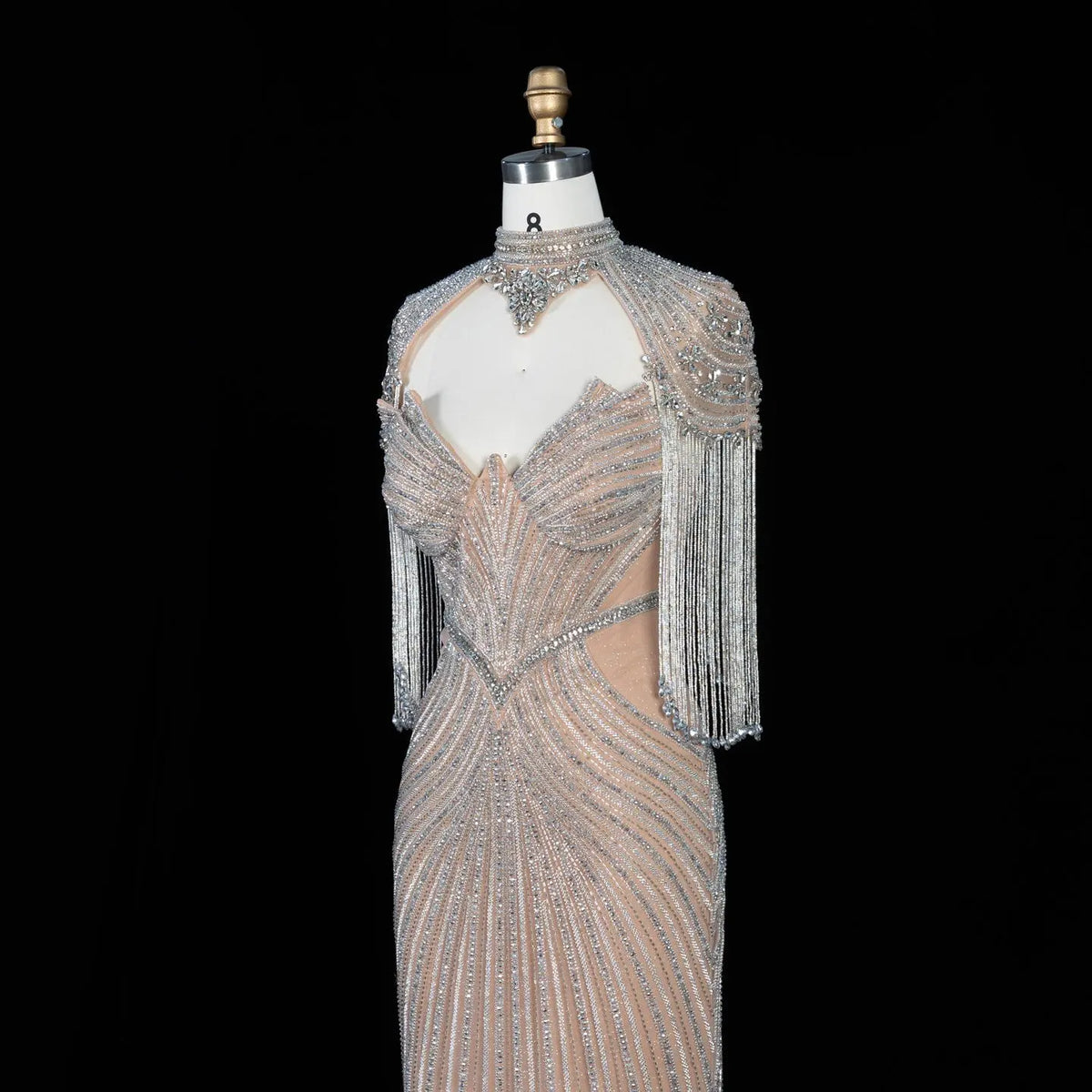 DreamyVow champagne crystal beaded fringe cape mermaid evening dress, crystal beadwork and fringe detail, SS067