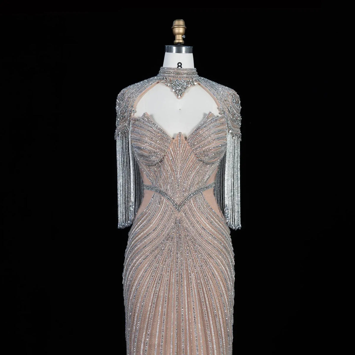 DreamyVow champagne crystal beaded fringe cape mermaid evening dress, crystal beadwork and fringe detail, SS067