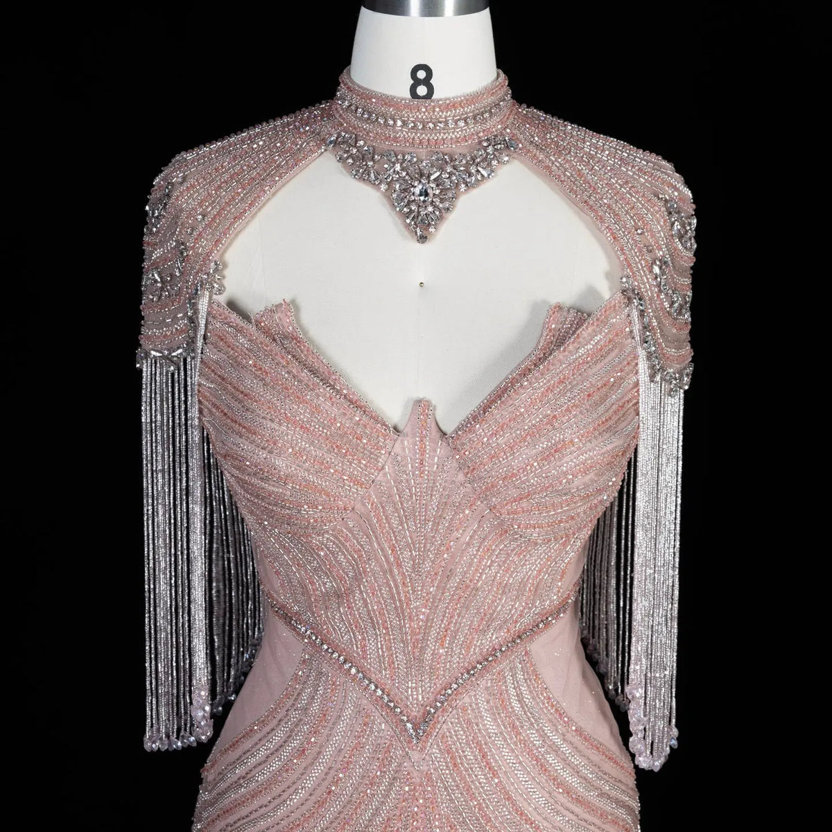 DreamyVow pink crystal beaded fringe cape mermaid evening dress, full-length front view, SS067