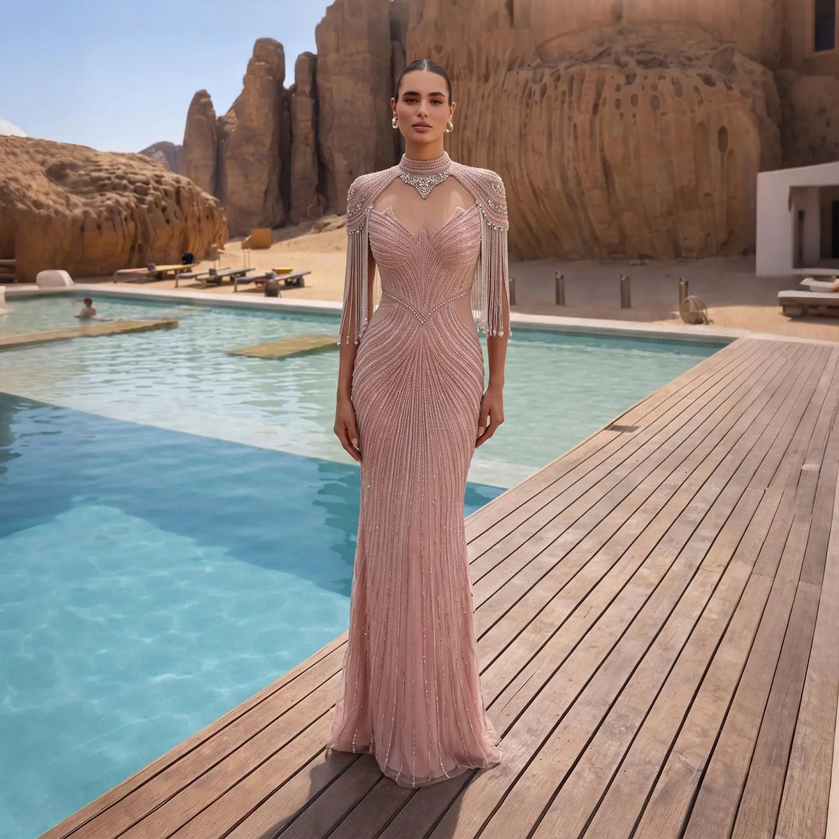 DreamyVow pink crystal beaded fringe cape mermaid evening dress, full-length product view, SS067