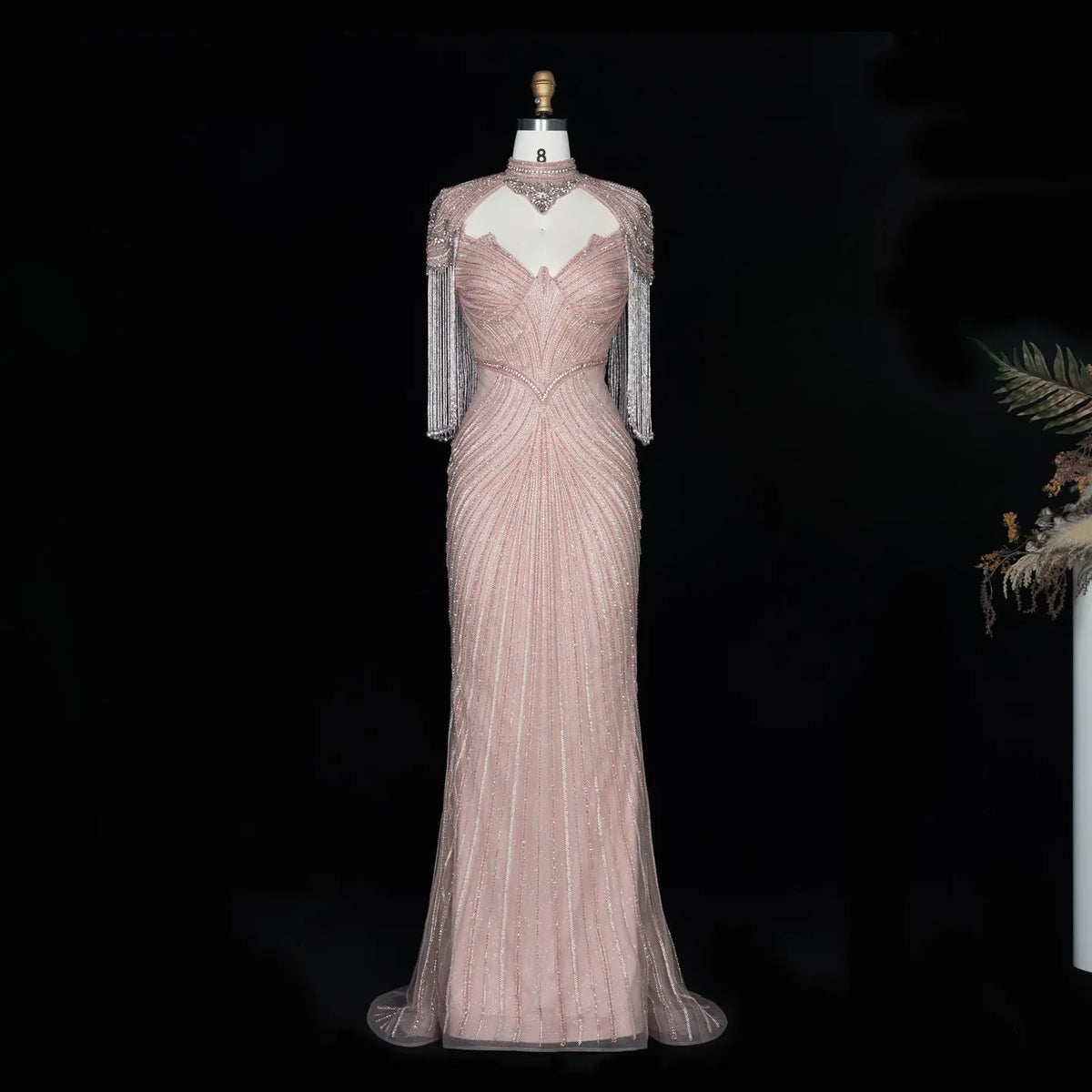DreamyVow pink crystal beaded fringe cape mermaid evening dress, crystal beadwork and fringe detail, SS067