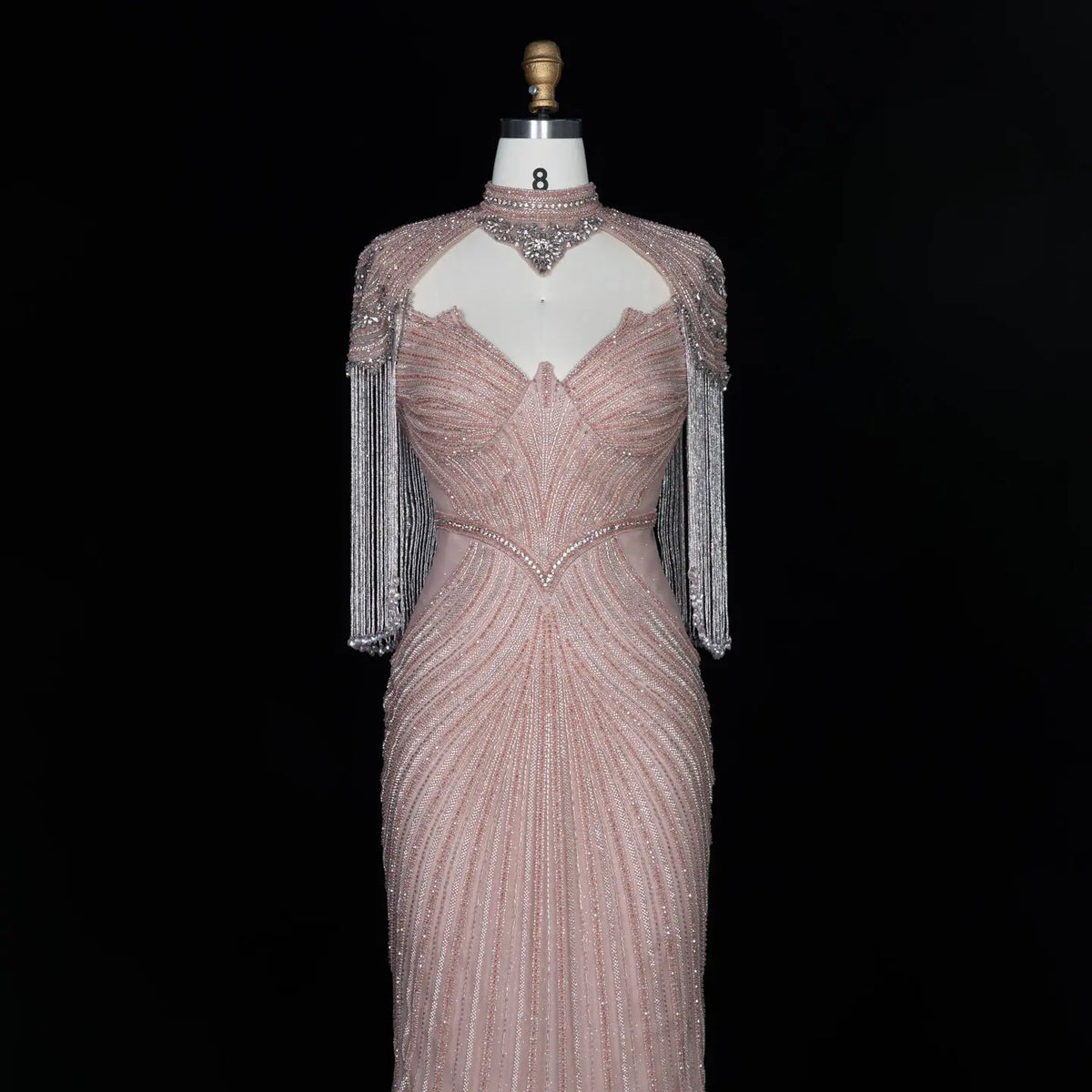 DreamyVow pink crystal beaded fringe cape mermaid evening dress, crystal beadwork and fringe detail, SS067