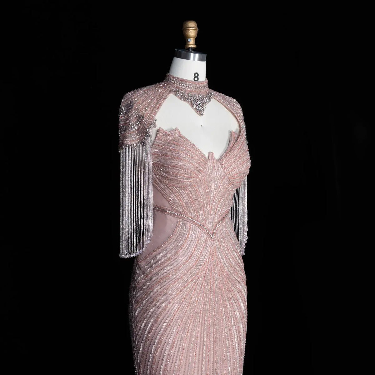DreamyVow pink crystal beaded fringe cape mermaid evening dress, crystal beadwork and fringe detail, SS067
