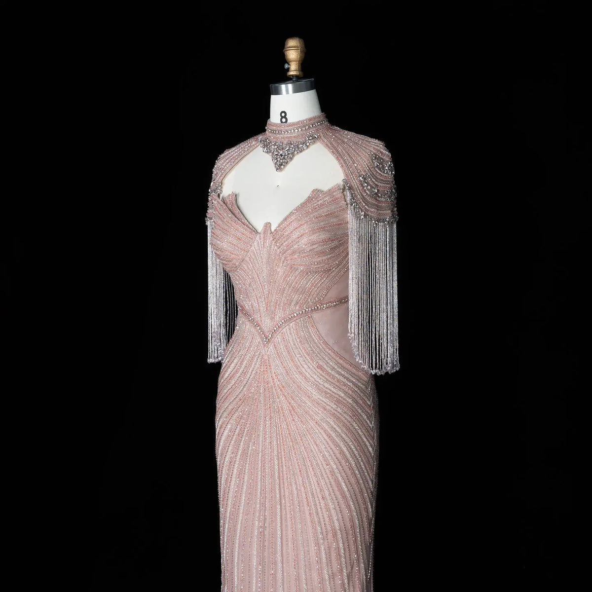 DreamyVow pink crystal beaded fringe cape mermaid evening dress, crystal beadwork and fringe detail, SS067