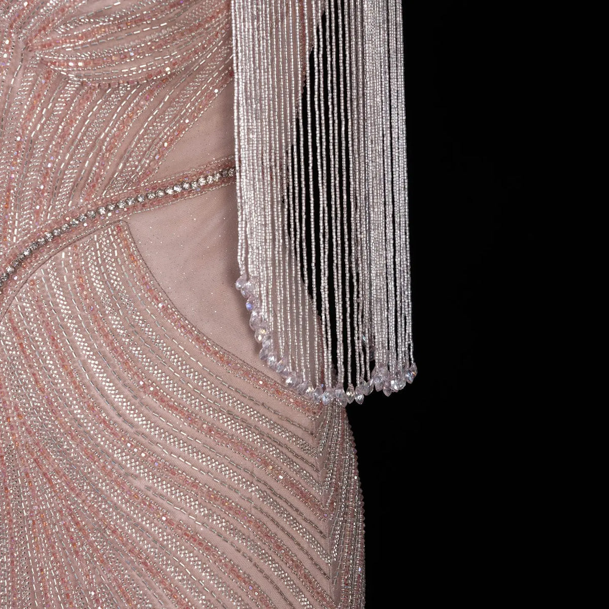 DreamyVow pink crystal beaded fringe cape mermaid evening dress, crystal beadwork and fringe detail, SS067