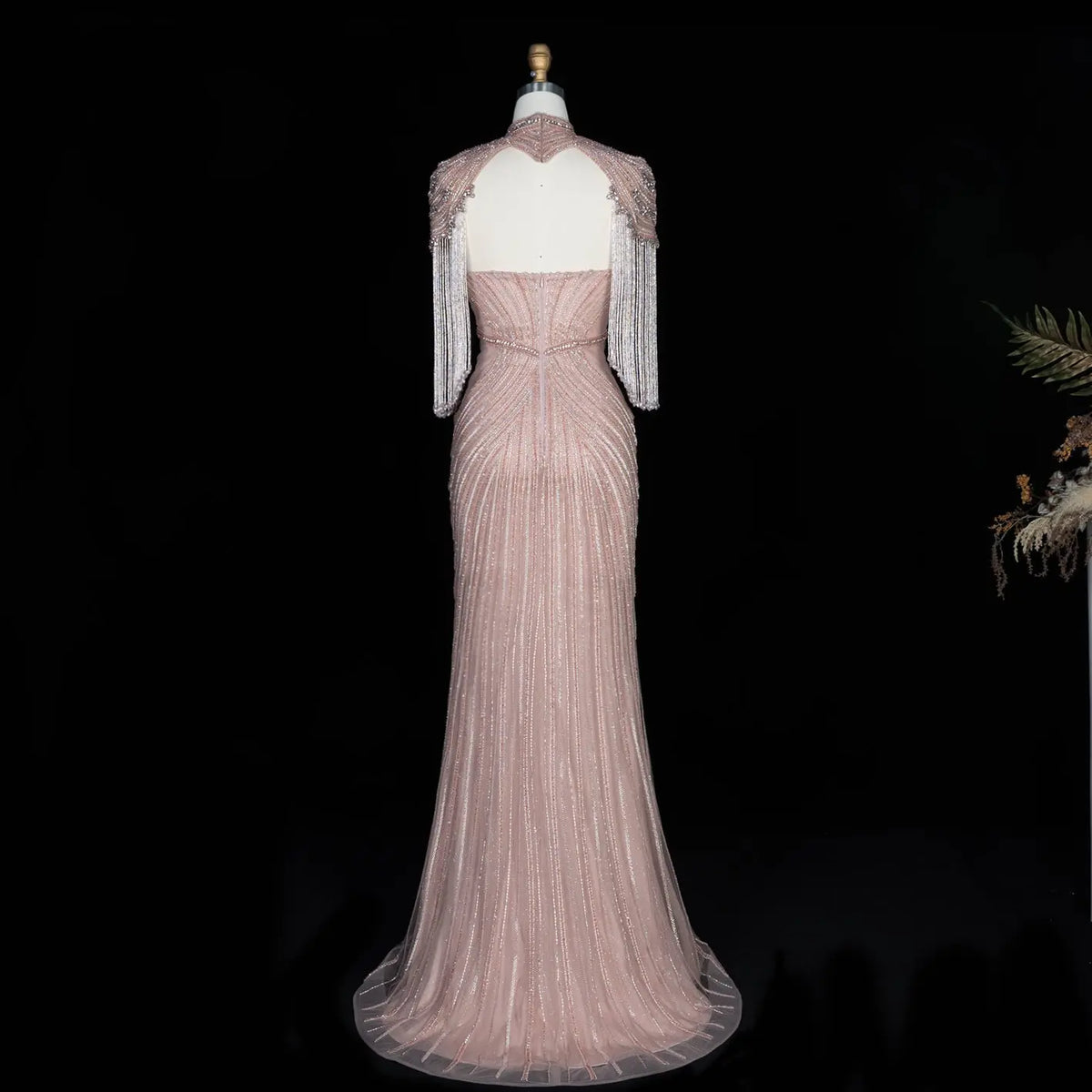 DreamyVow pink crystal beaded fringe cape mermaid evening dress, crystal beadwork and fringe detail, SS067