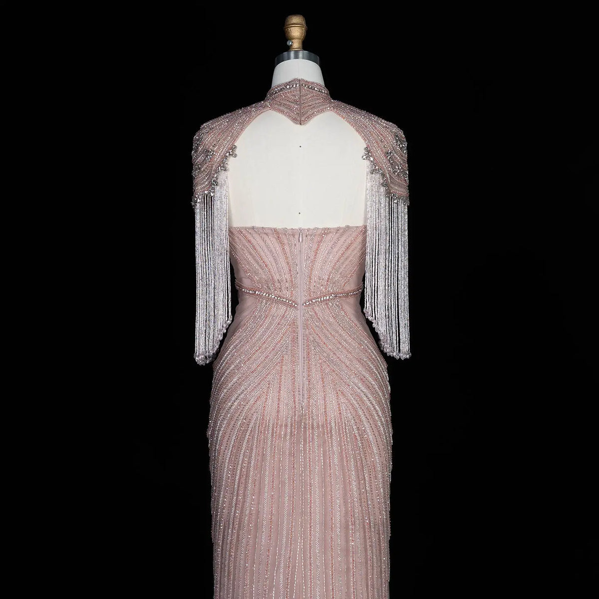 DreamyVow pink crystal beaded fringe cape mermaid evening dress, crystal beadwork and fringe detail, SS067