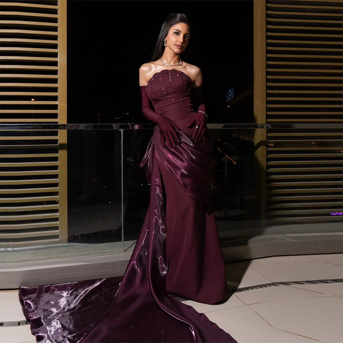 Dramatic Wine Red Satin Evening Dress with Pleated Side Drape and Cathedral Train SS608