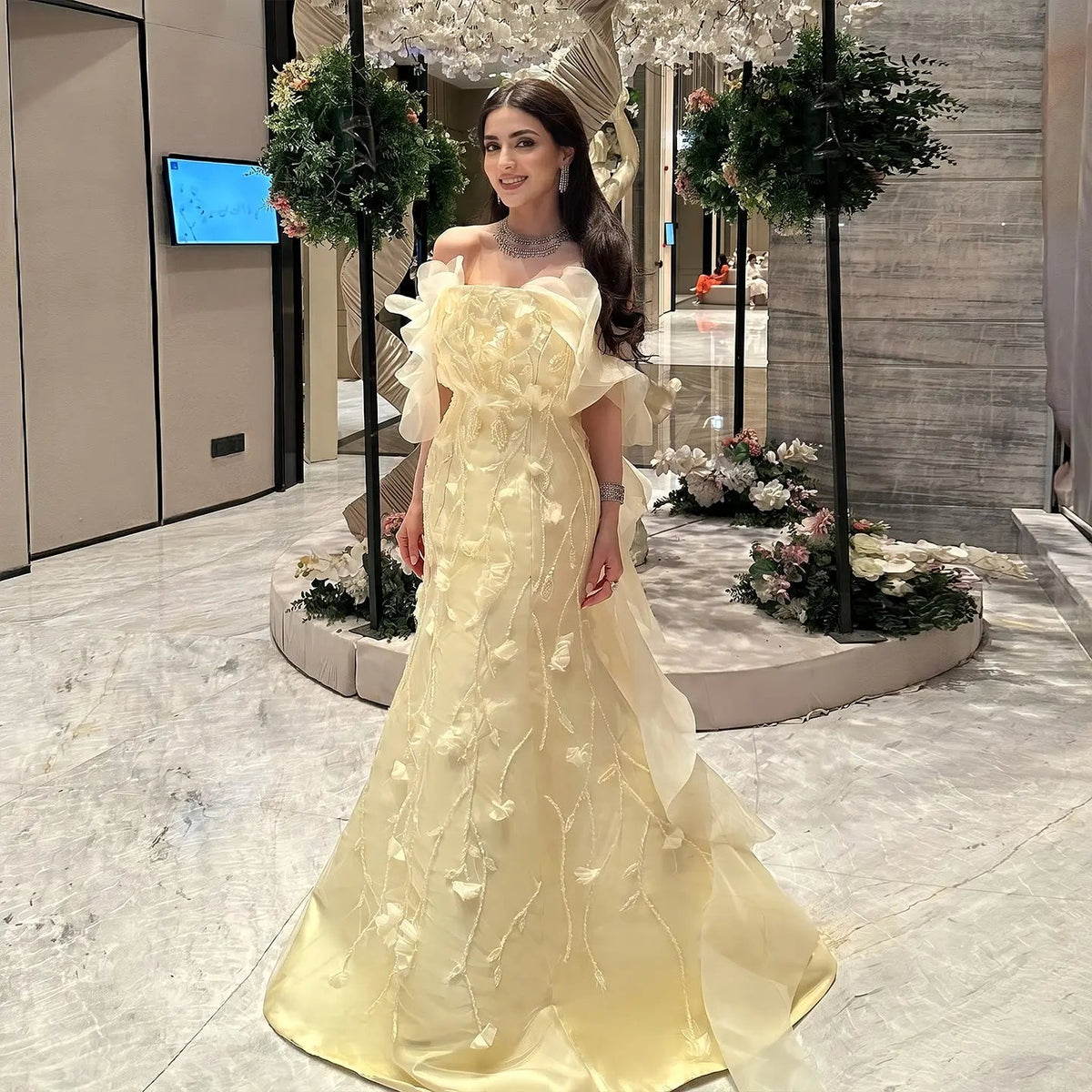 Romantic Off-Shoulder Yellow Evening Dress with 3D Floral Appliques SS505