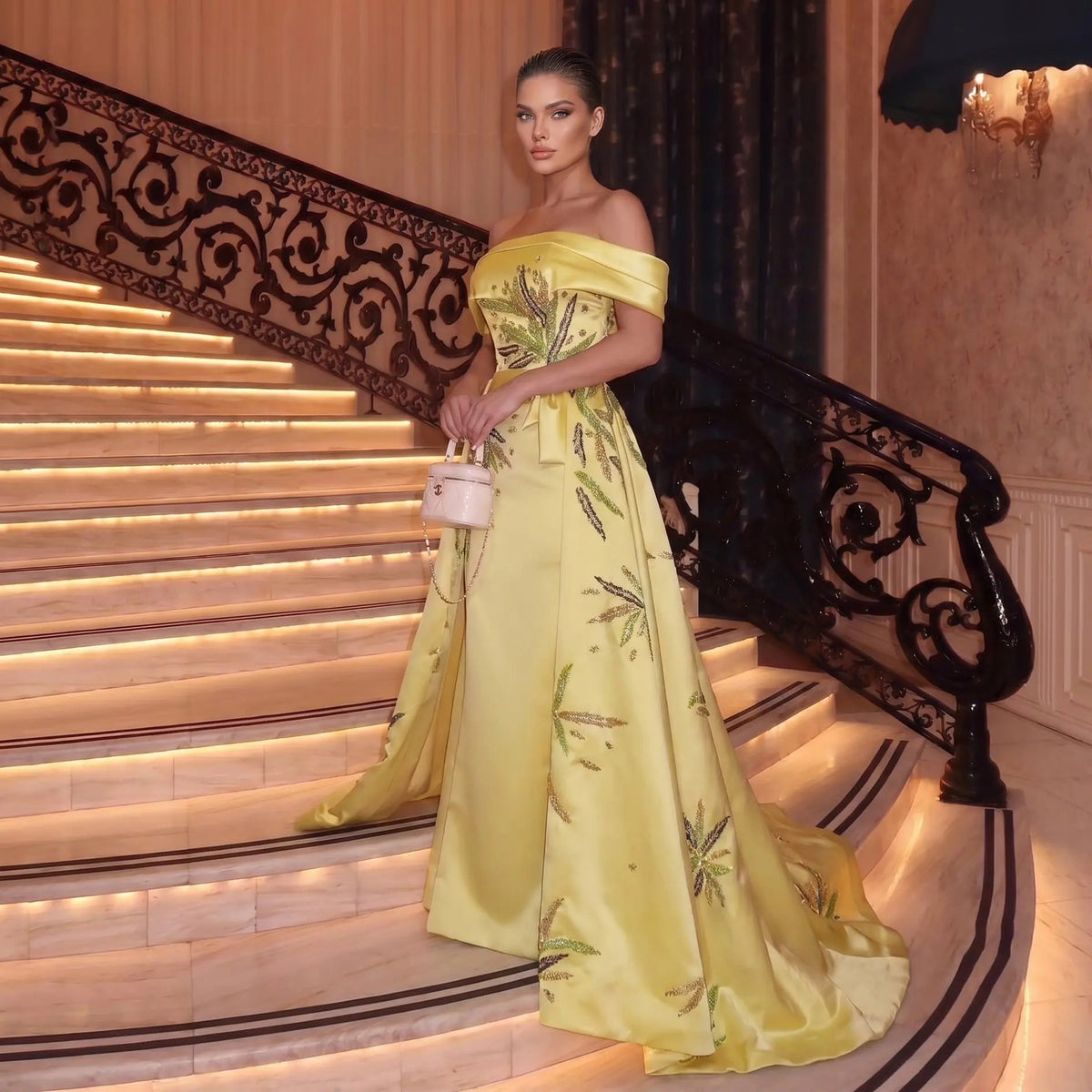 Chic Yellow Off-Shoulder Evening Dress with Embroidered Leaf Motif and Overskirt SS447