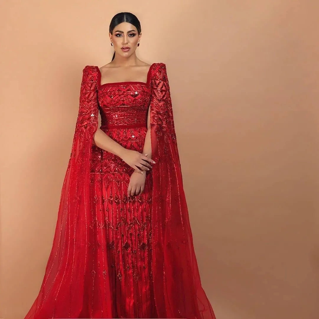 Luxury Wine Red Arabic Burgundy Evening Dress with Cape Sleeves SS461