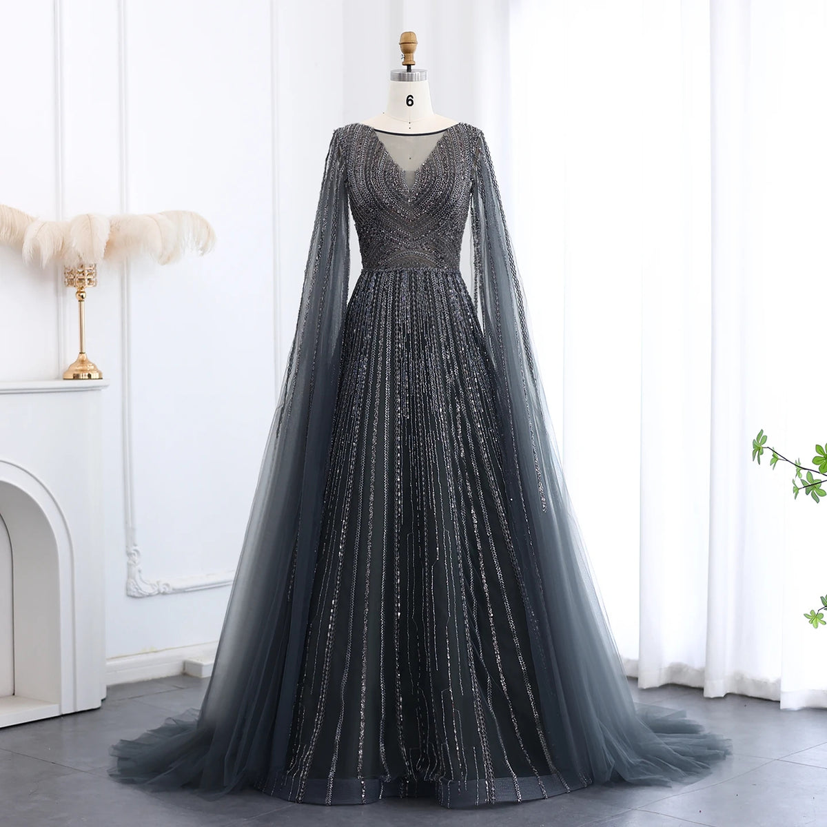 Jill Wish Elegant Dark Green Evening Dress with Cape Sleeves SS005