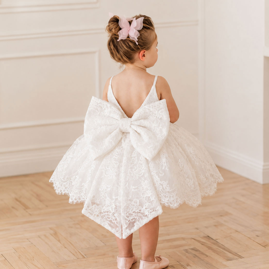 White Lace Bow Girls Lace Dress C011