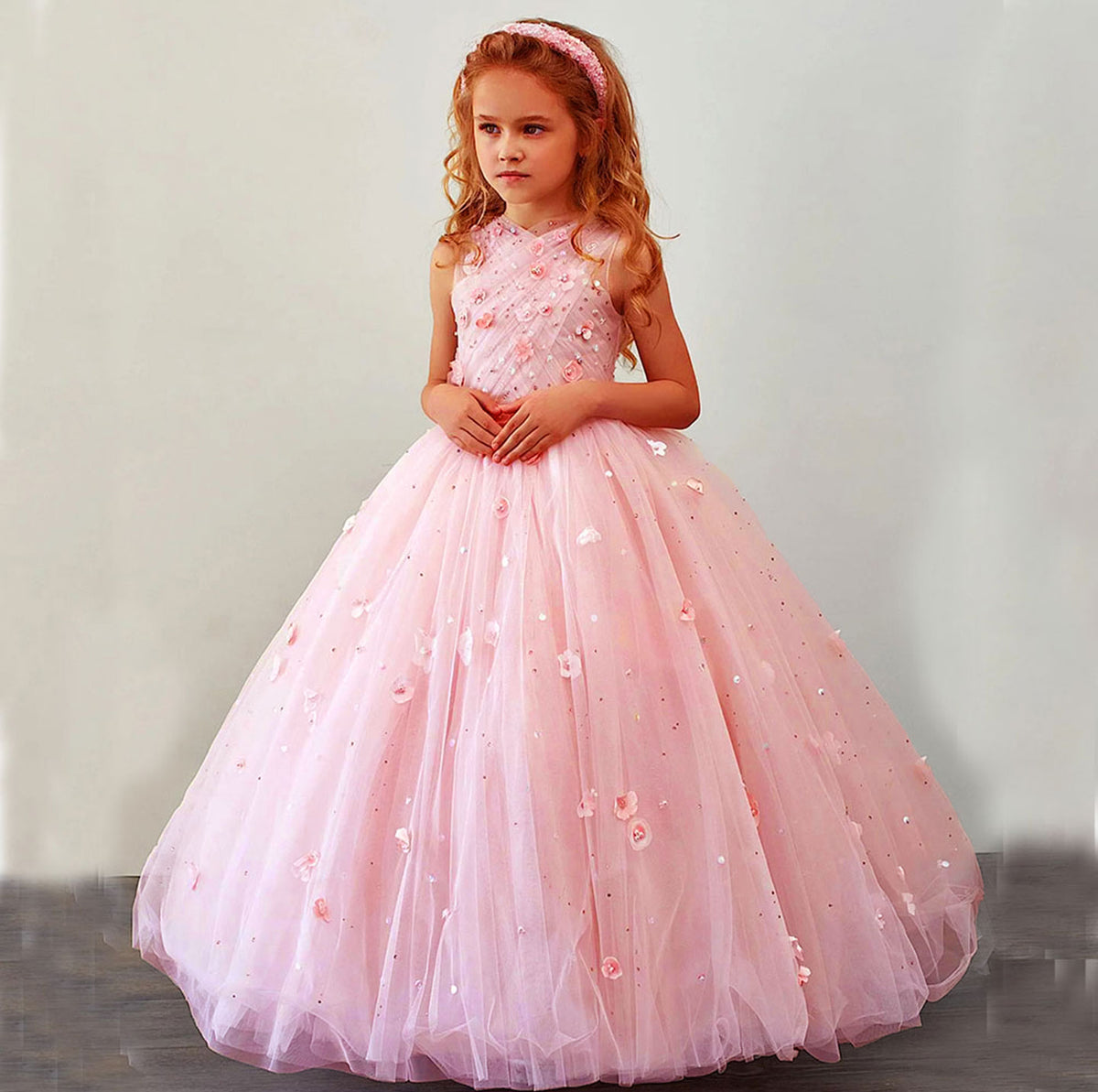 Jill Wish Luukse Dubai Blush Flower Girl Rok Pêrels Prinses Kinders Trou Verjaarsdag Partytjie Aandrok Nagmaal 2024 J200