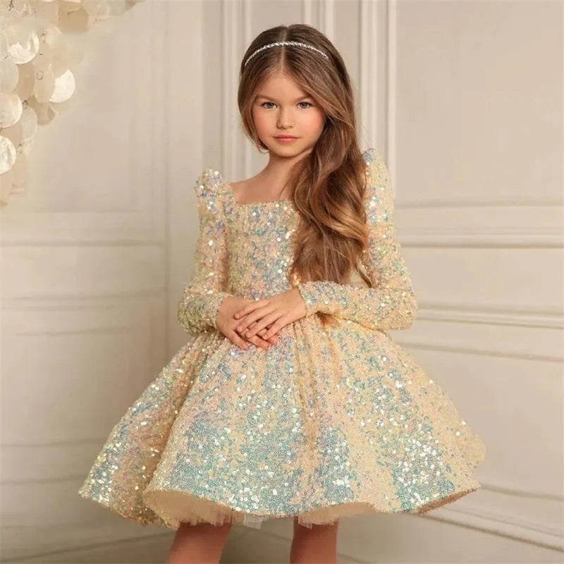Gold Flower Girl Dress Kids Birthday Wedding Party D148